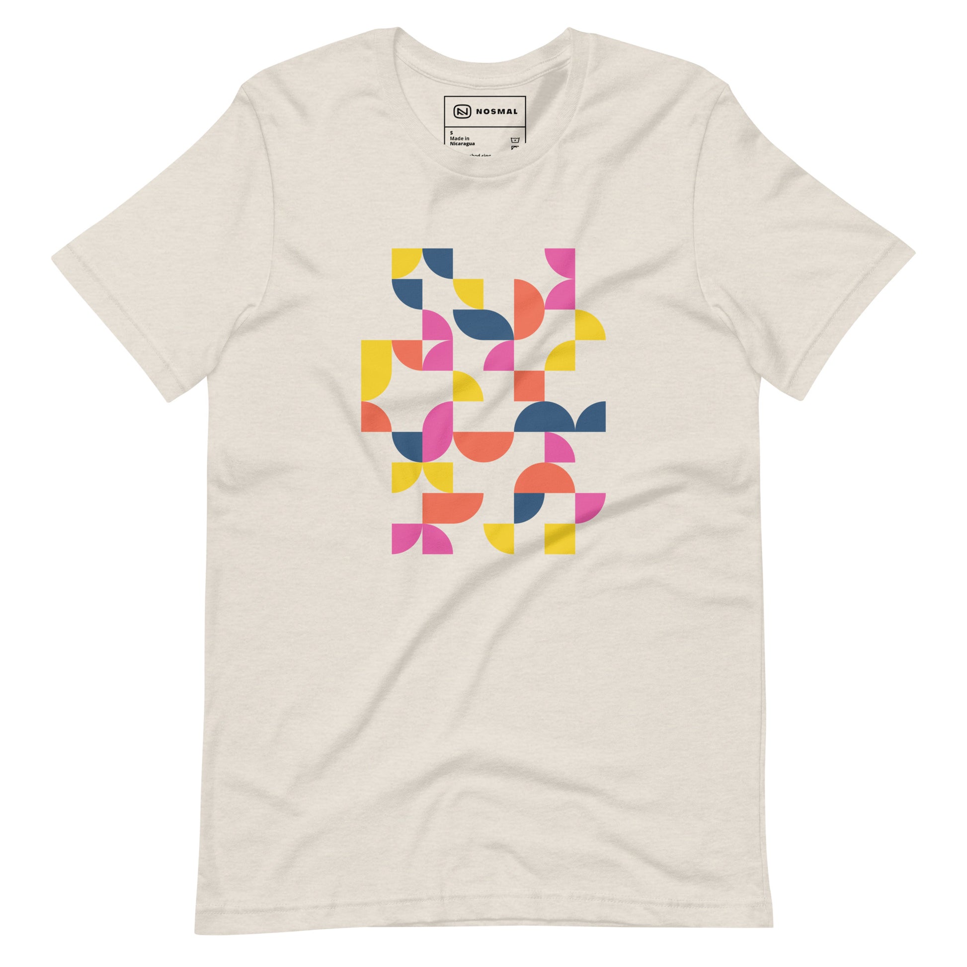 Straight on view of geometria I sunrise design on heather dust unisex t-shirt.