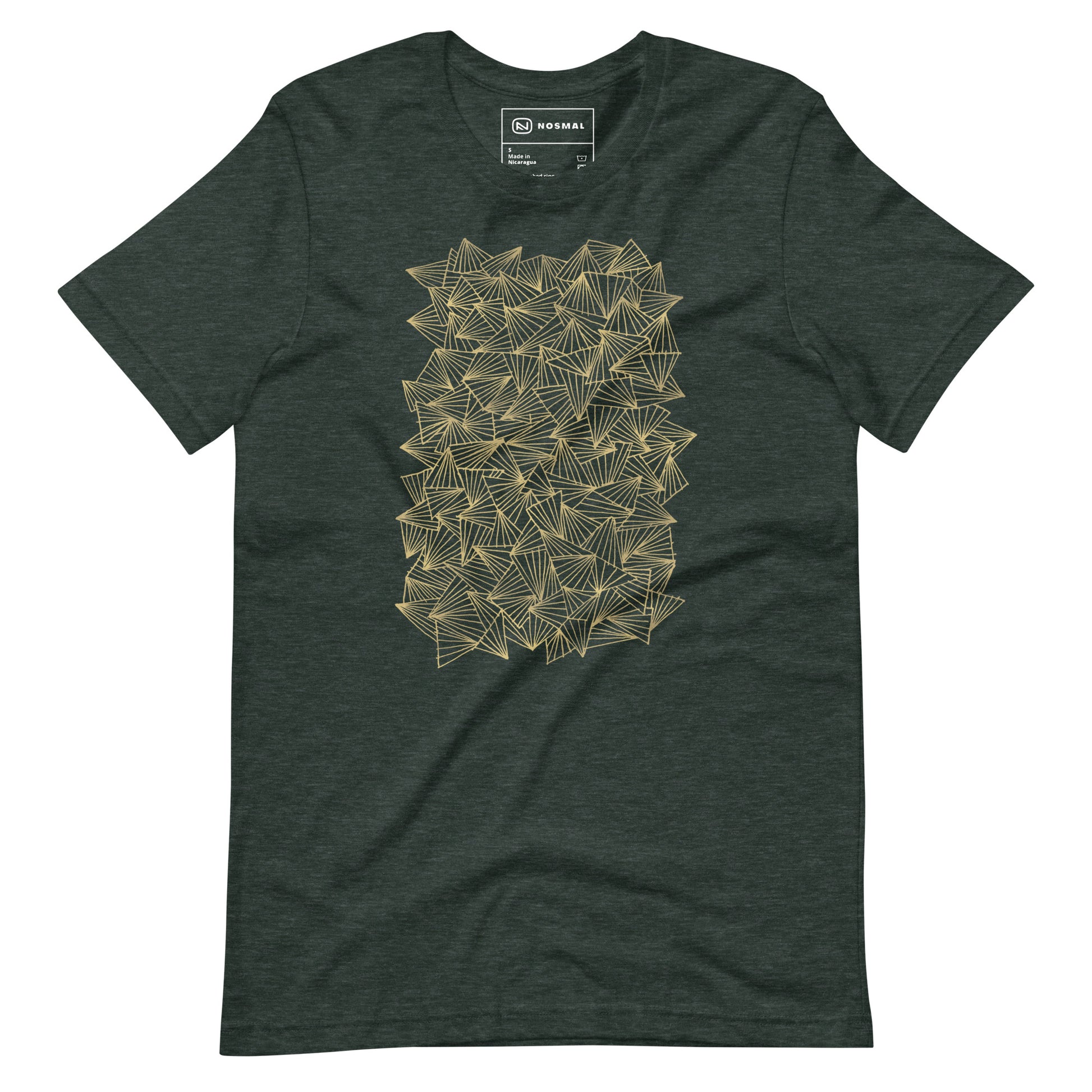 Straight on view of gaggle of triangles gold design on heather forest unisex t-shirt.