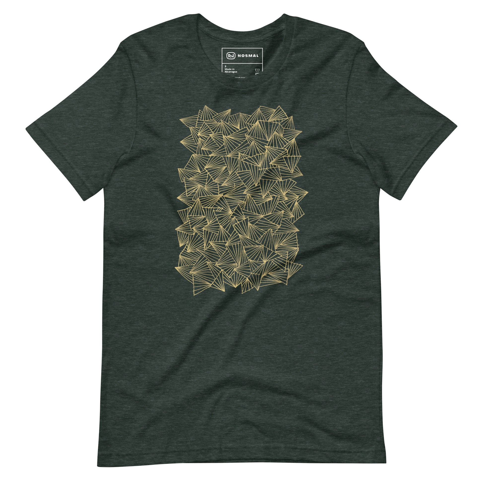 Straight on view of gaggle of triangles gold design on heather forest unisex t-shirt.