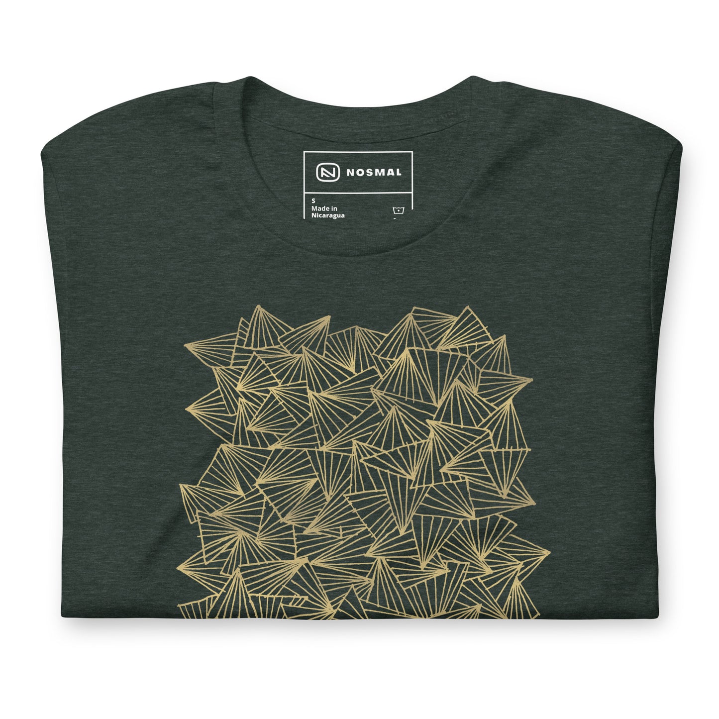 Top down view of gaggle of triangles gold design on heather forest unisex t-shirt.