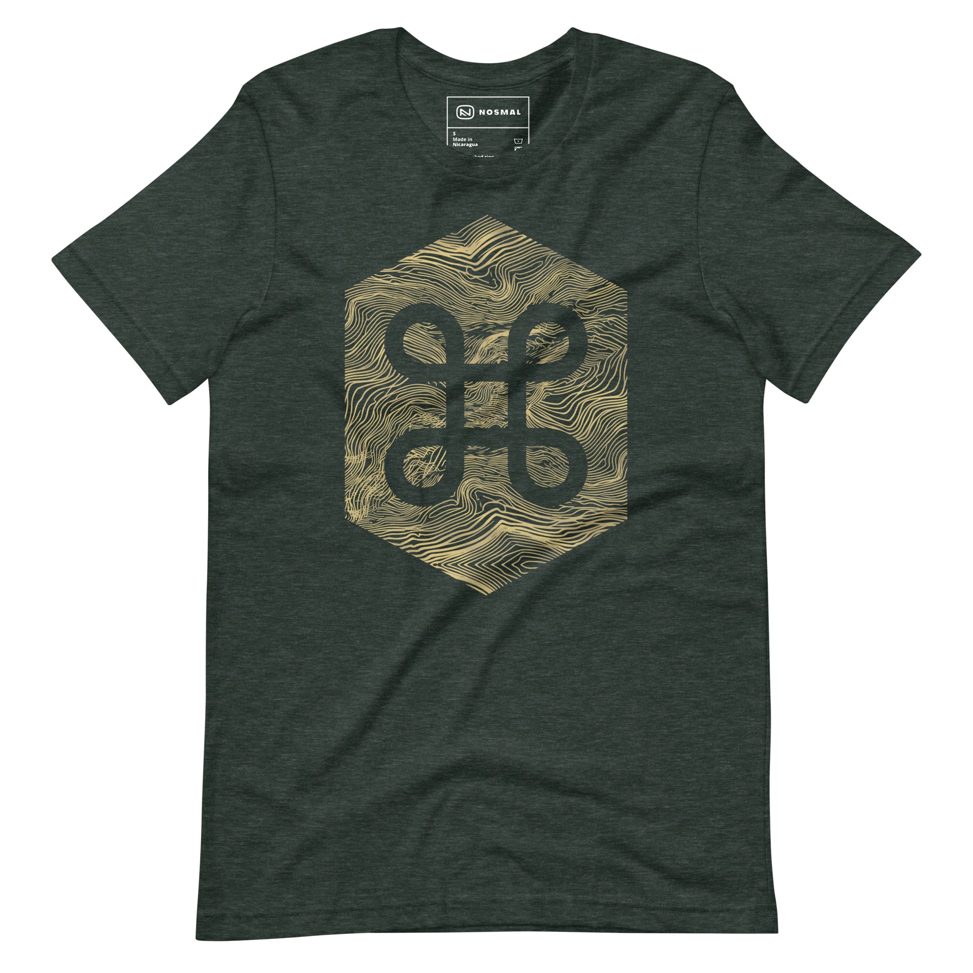 Straight on view of the commander gold design on heather forest unisex t-shirt.
