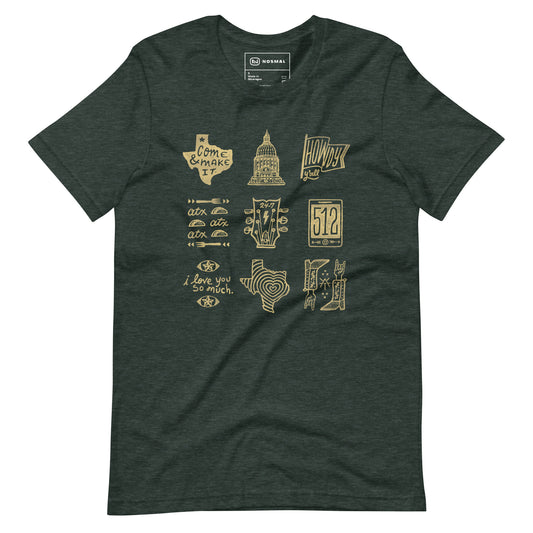 Straight on view of ode to 512 gold design on heather forest unisex t-shirt.