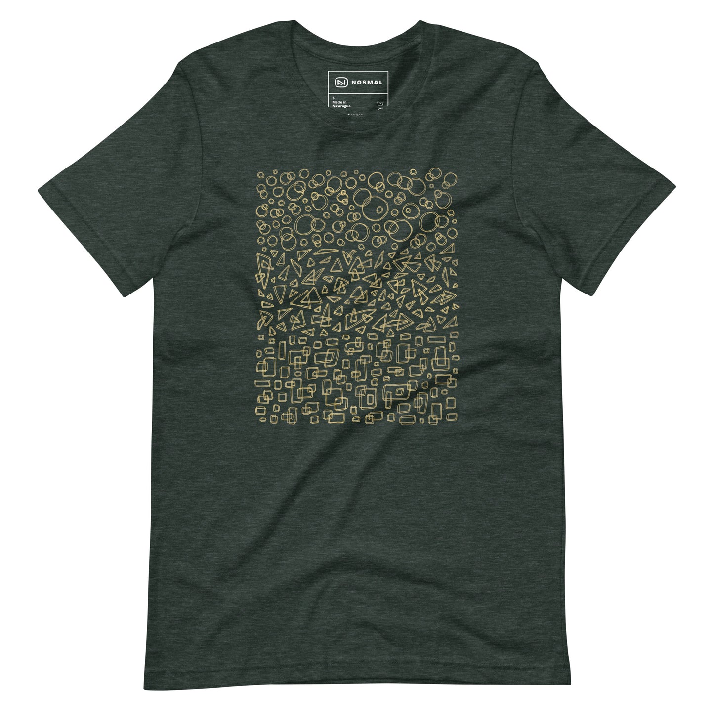 Straight on view of geometrinity gold design on heather forest unisex t-shirt.