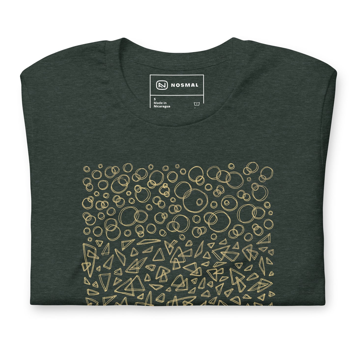 Top down view of geometrinity gold design on heather forest unisex t-shirt.