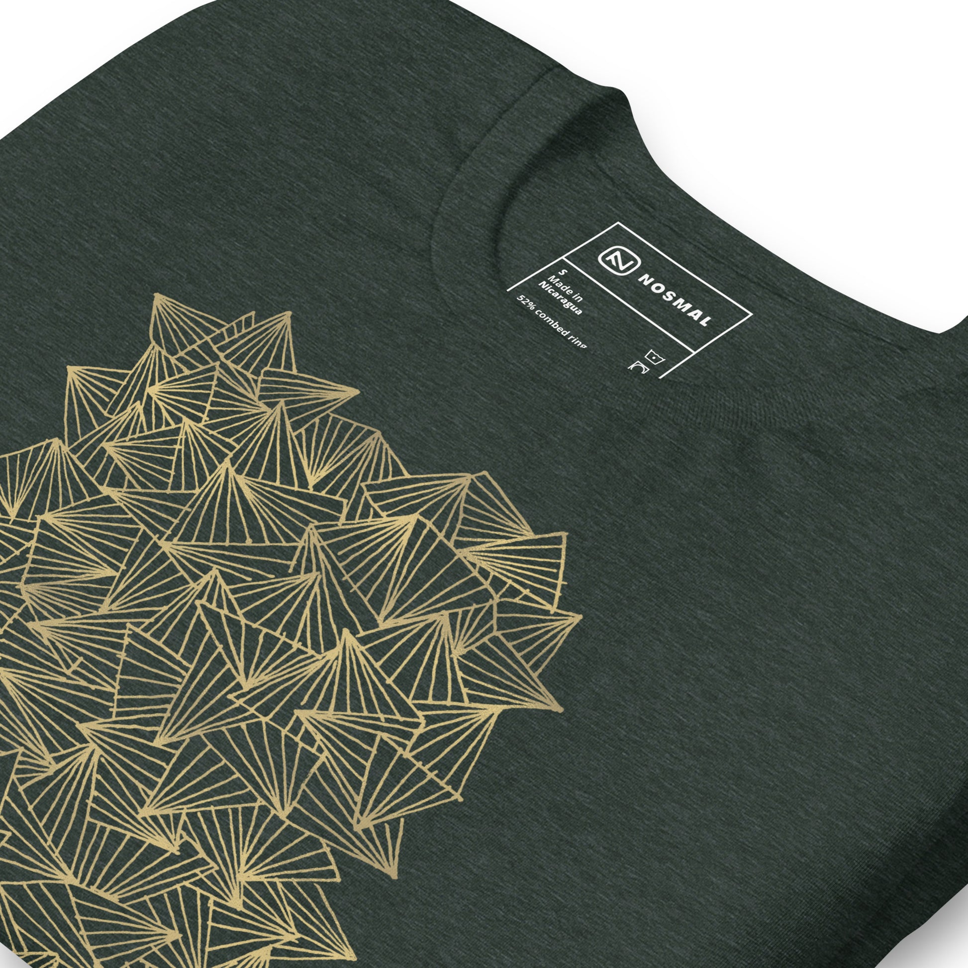 Angled close up shot of gaggle of triangles gold design on heather forest unisex t-shirt.
