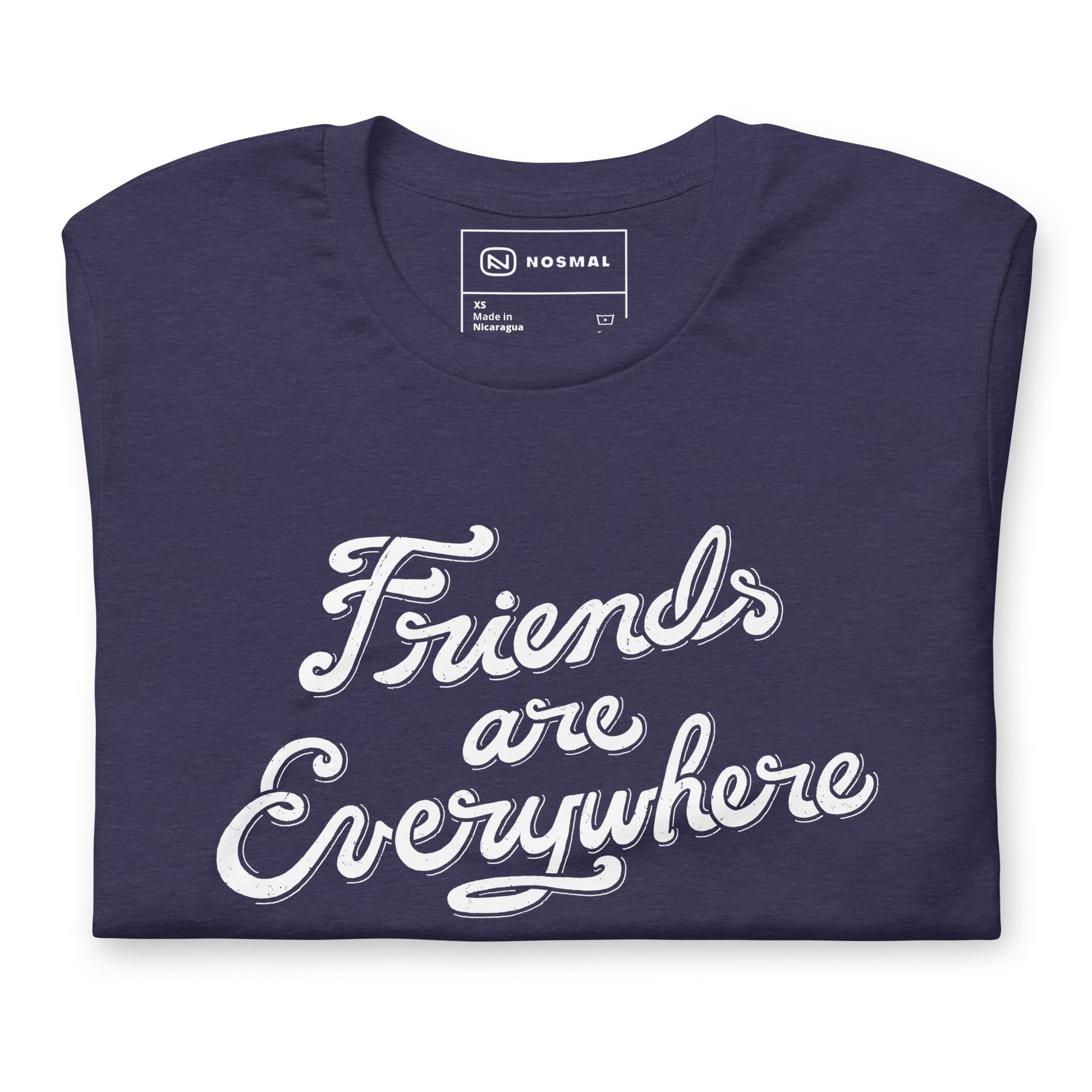 Top down view of friends are everywhere design on heather midnight navy unisex t-shirt.
