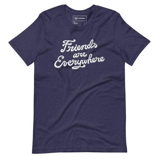Straight on view of friends are everywhere design on heather midnight navy unisex t-shirt.