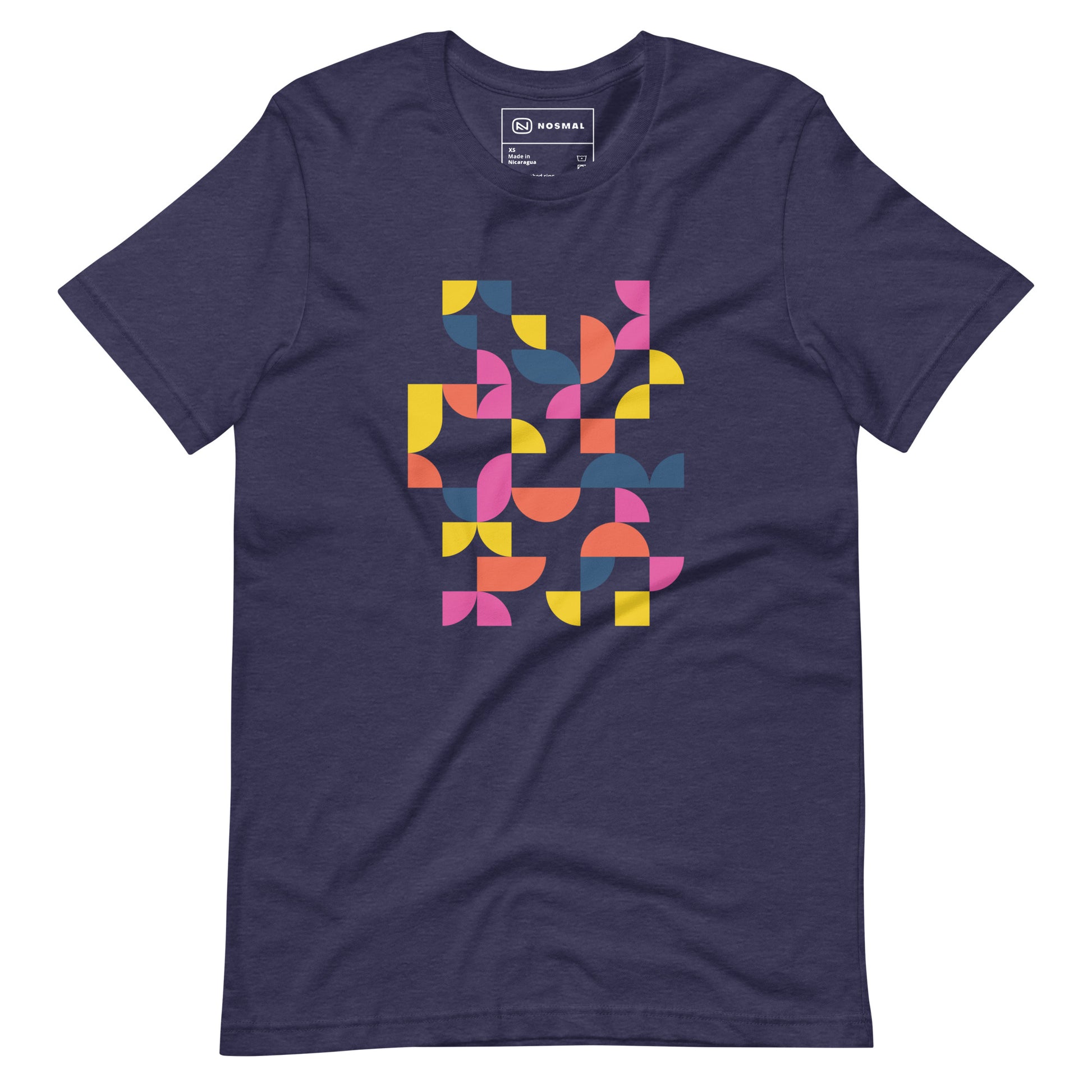 Straight on view of geometria I sunrise design on heather midnight navy unisex t-shirt.