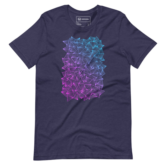 Straight on view of gaggle of triangles gradient design on heather midnight navy unisex t-shirt.