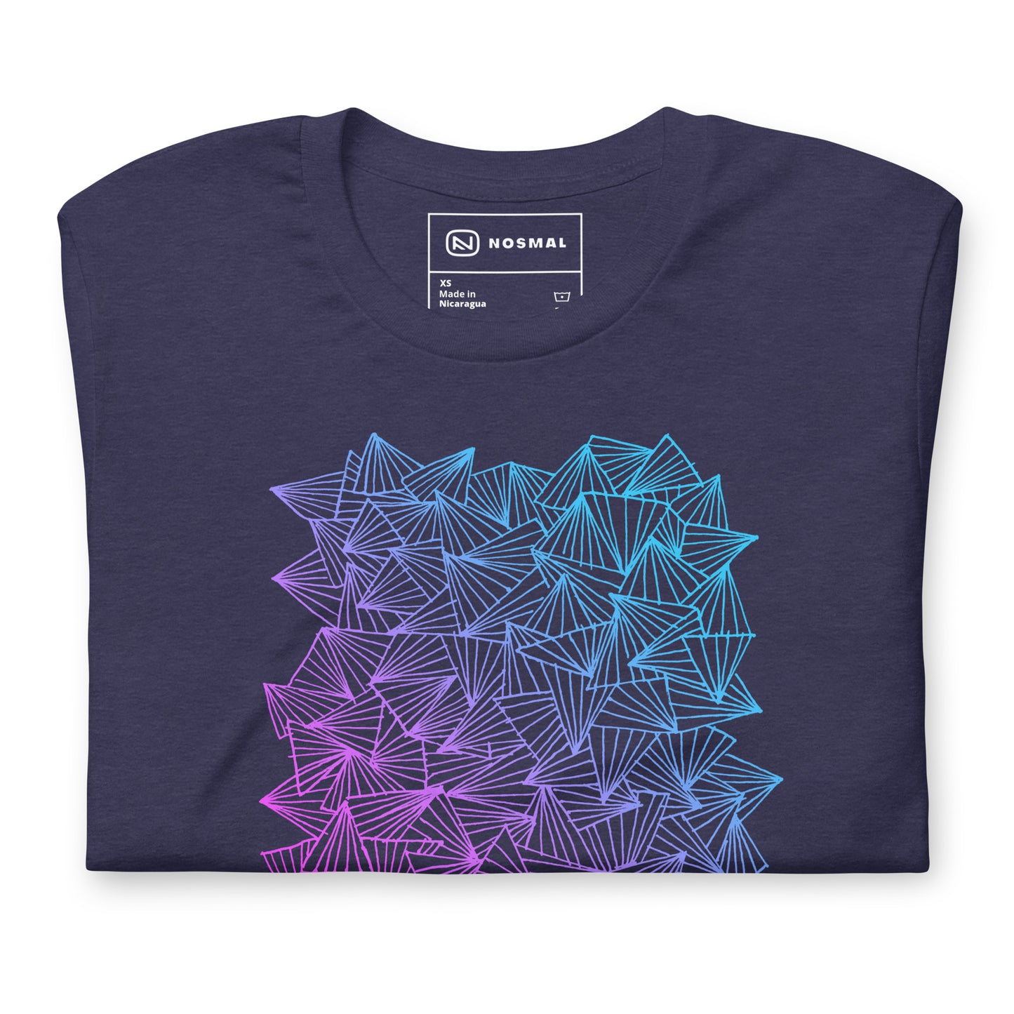 Top down view of gaggle of triangles gradient design on heather midnight navy unisex t-shirt.