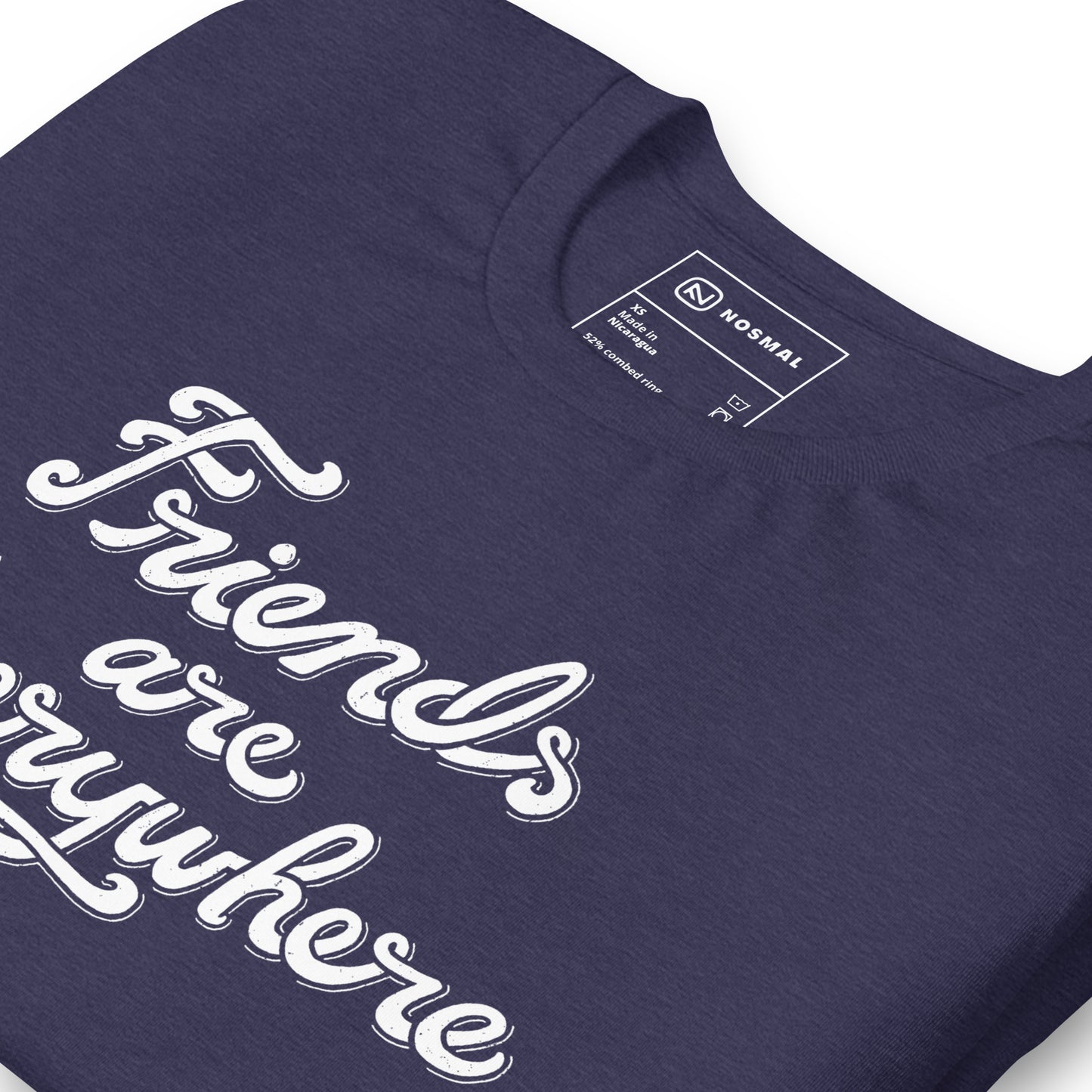Angled close up shot of friends are everywhere design on heather midnight navy unisex t-shirt.