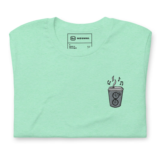 Top down view of the coffee is my jam embroidered design on heather mint unisex t-shirt.