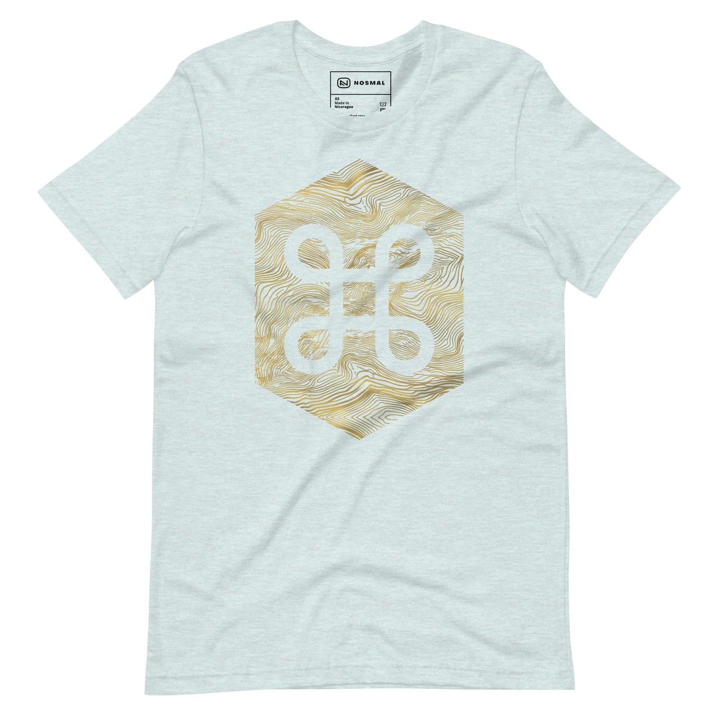 Straight on view of the commander gold design on heather prism ice blue unisex t-shirt.