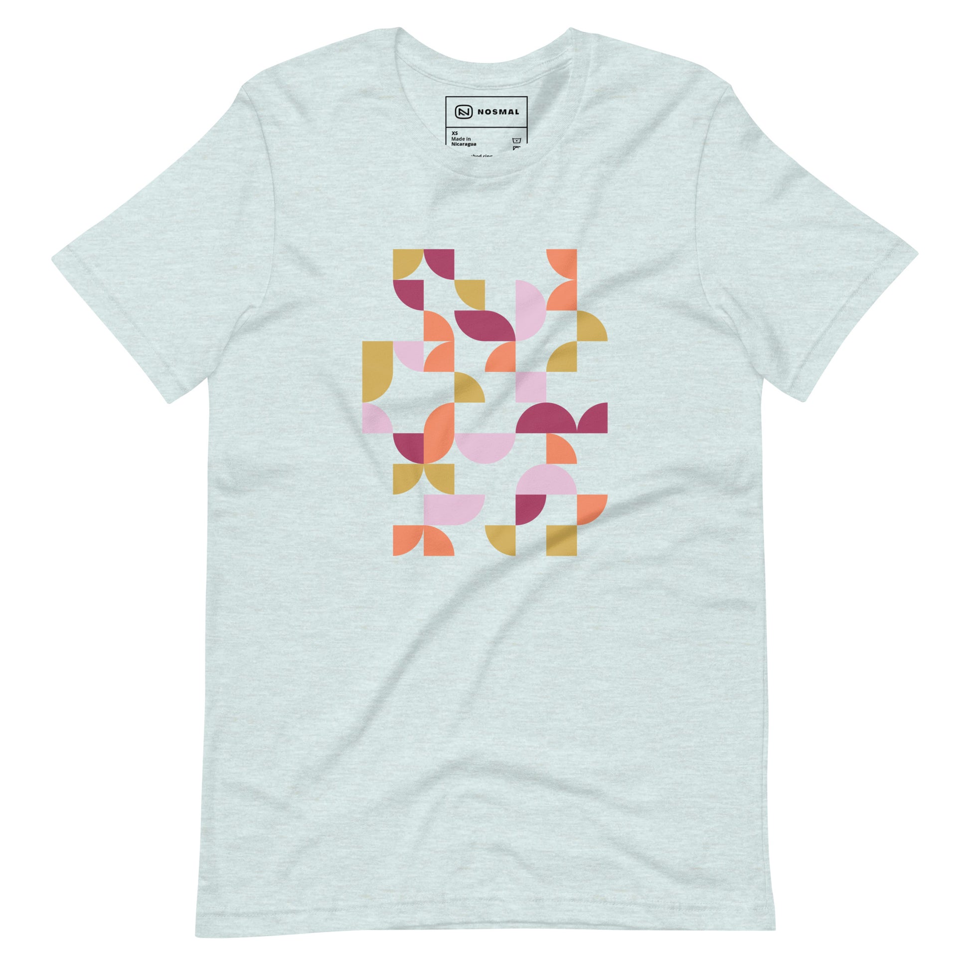 Straight on view of geometria I sunset design on heather prism ice blue unisex t-shirt.