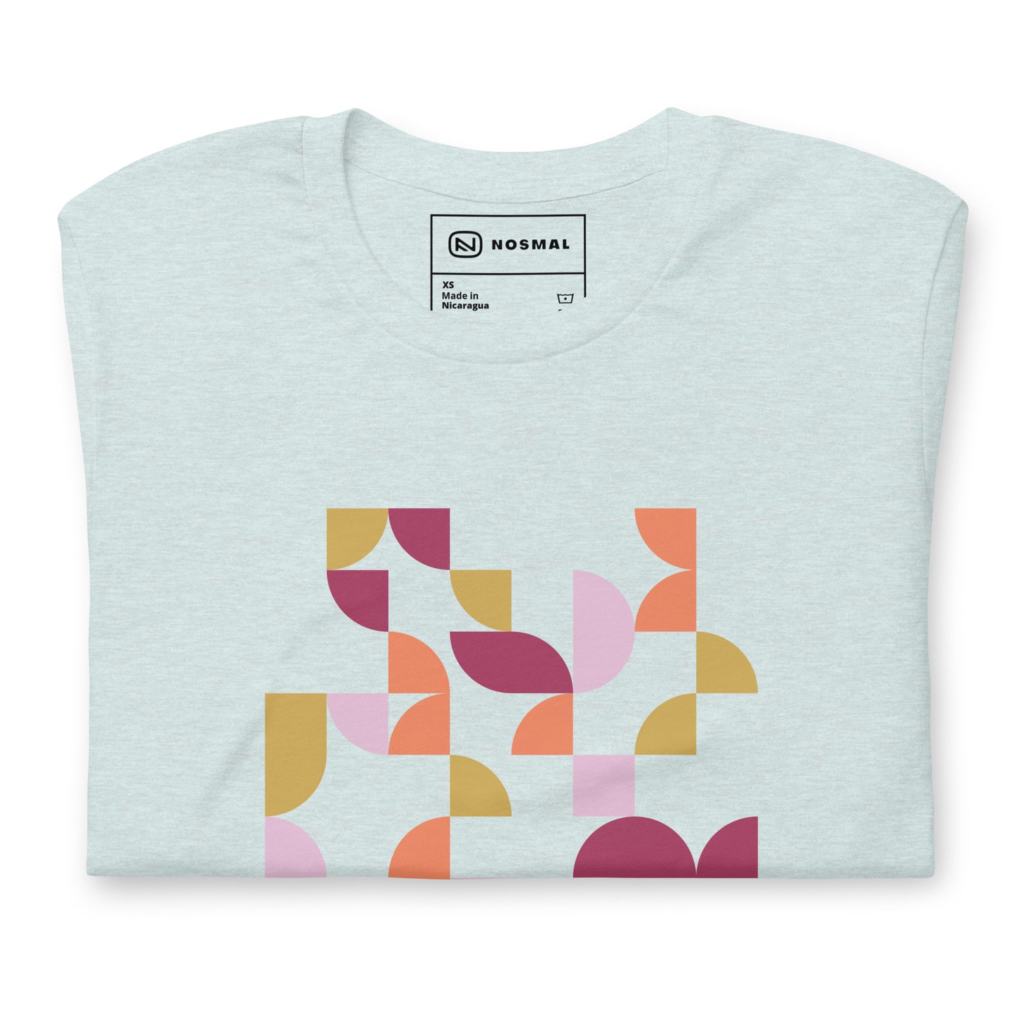 Top down view of geometria I sunset design on heather prism ice blue unisex t-shirt.