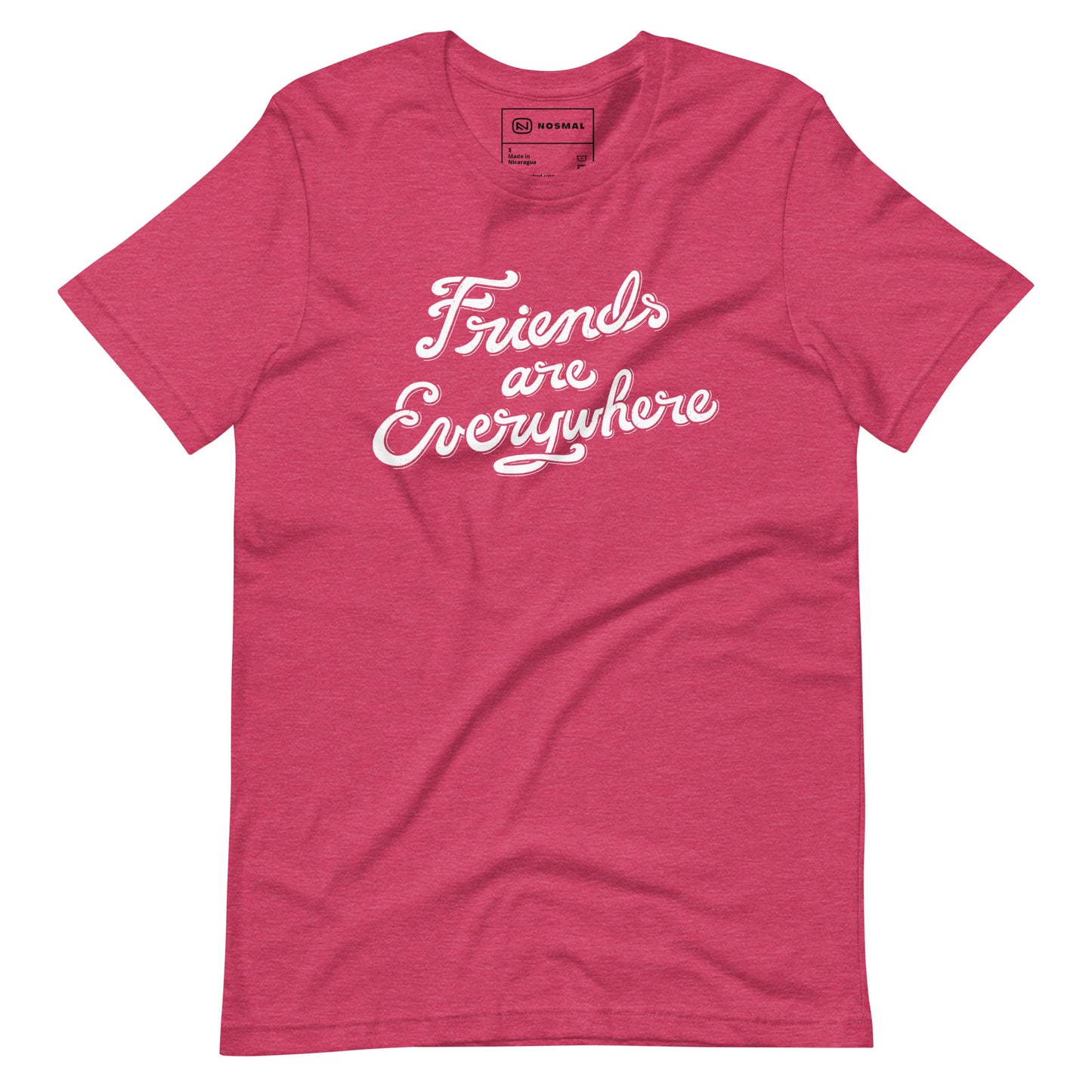 Straight on view of friends are everywhere design on heather raspberry unisex t-shirt.