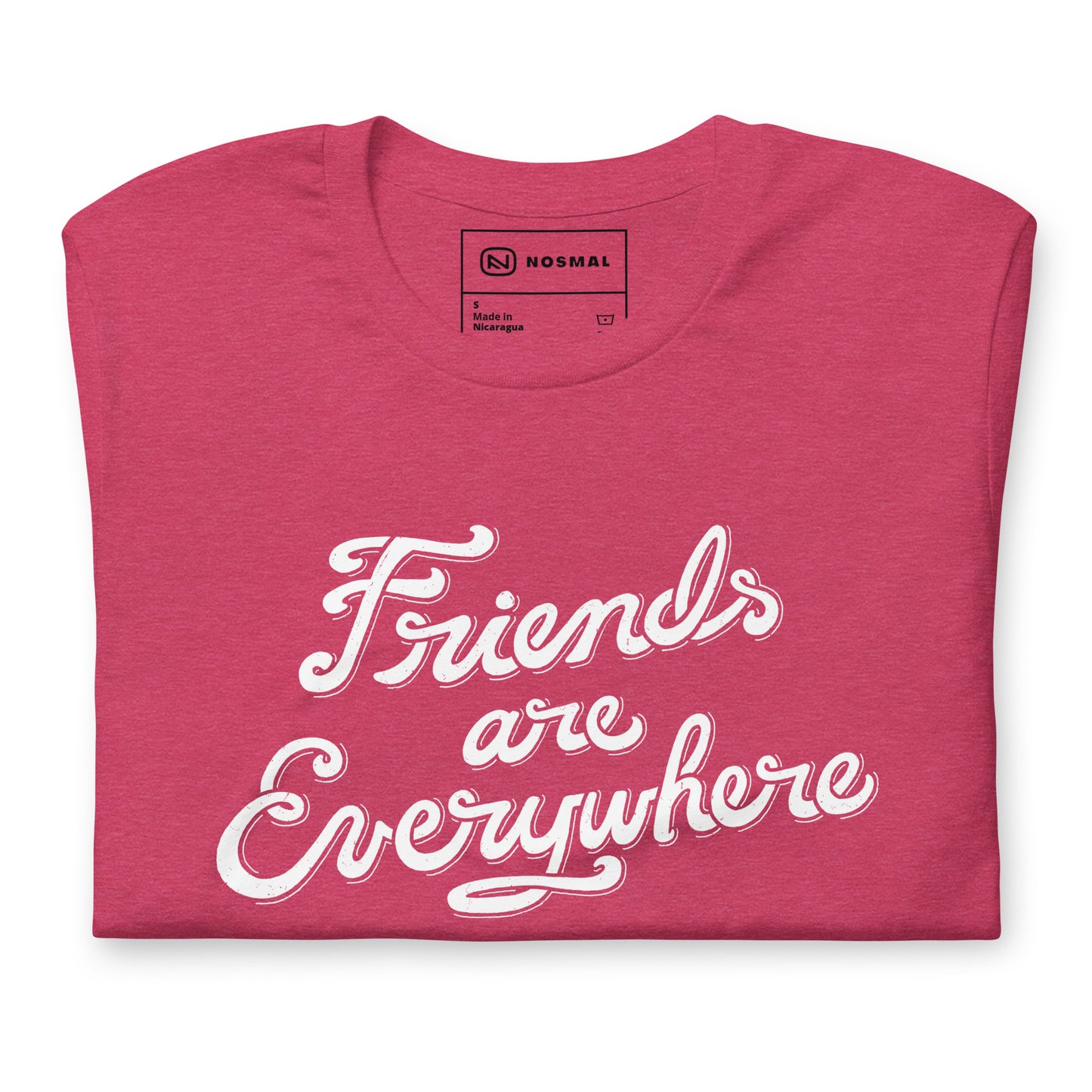 Top down view of friends are everywhere design on heather raspberry unisex t-shirt.
