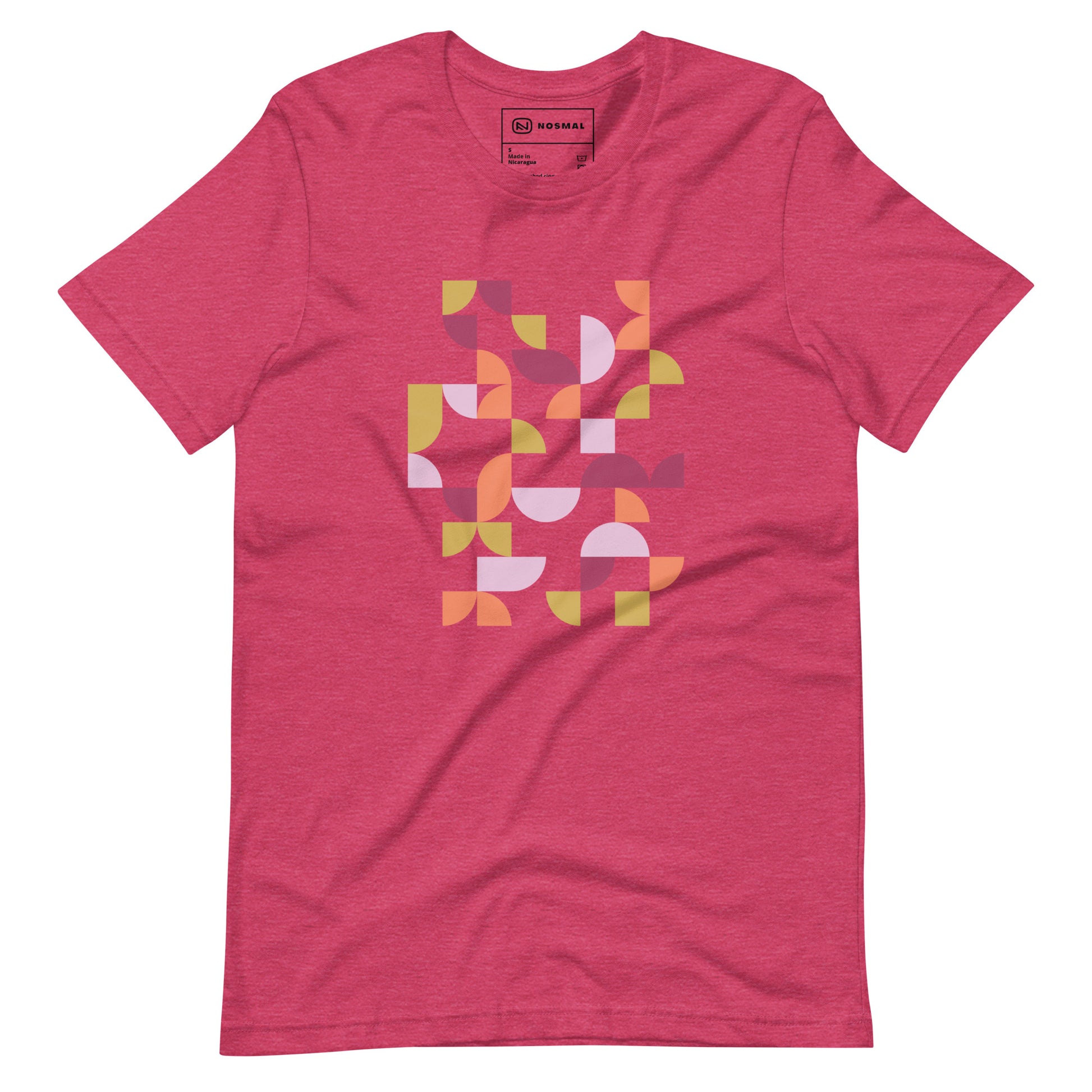 Straight on view of geometria I sunset design on heather raspberry unisex t-shirt.