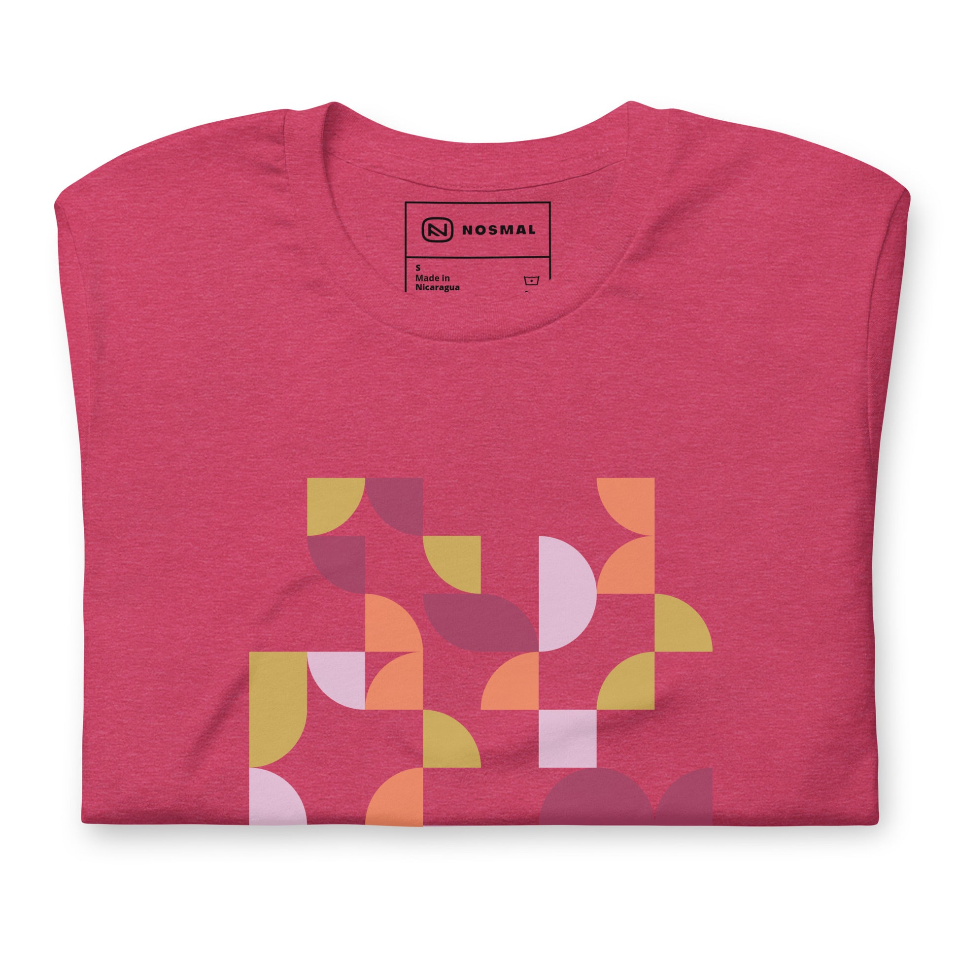Top down view of geometria I sunset design on heather raspberry unisex t-shirt.