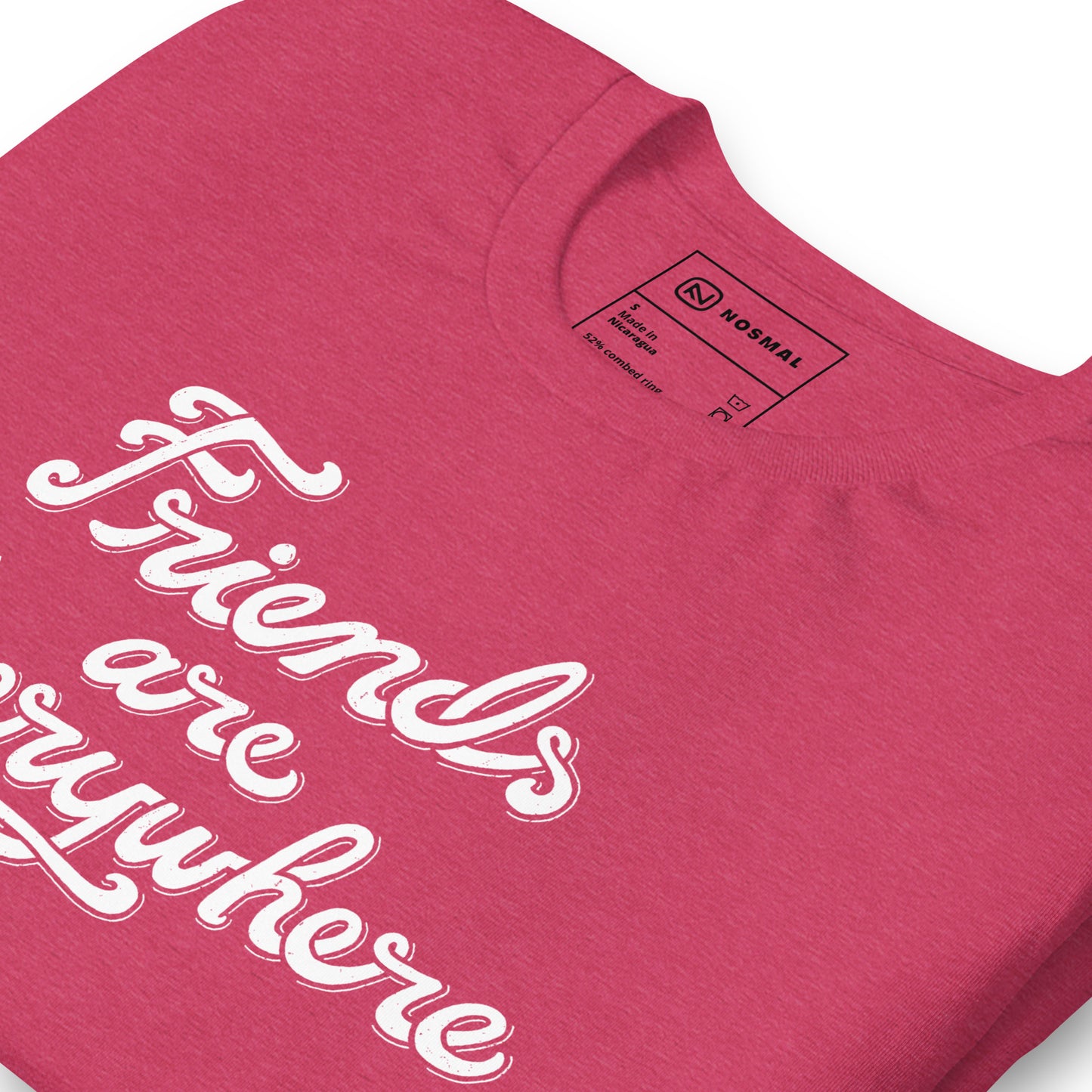 Angled close up shot of friends are everywhere design on heather raspberry unisex t-shirt.