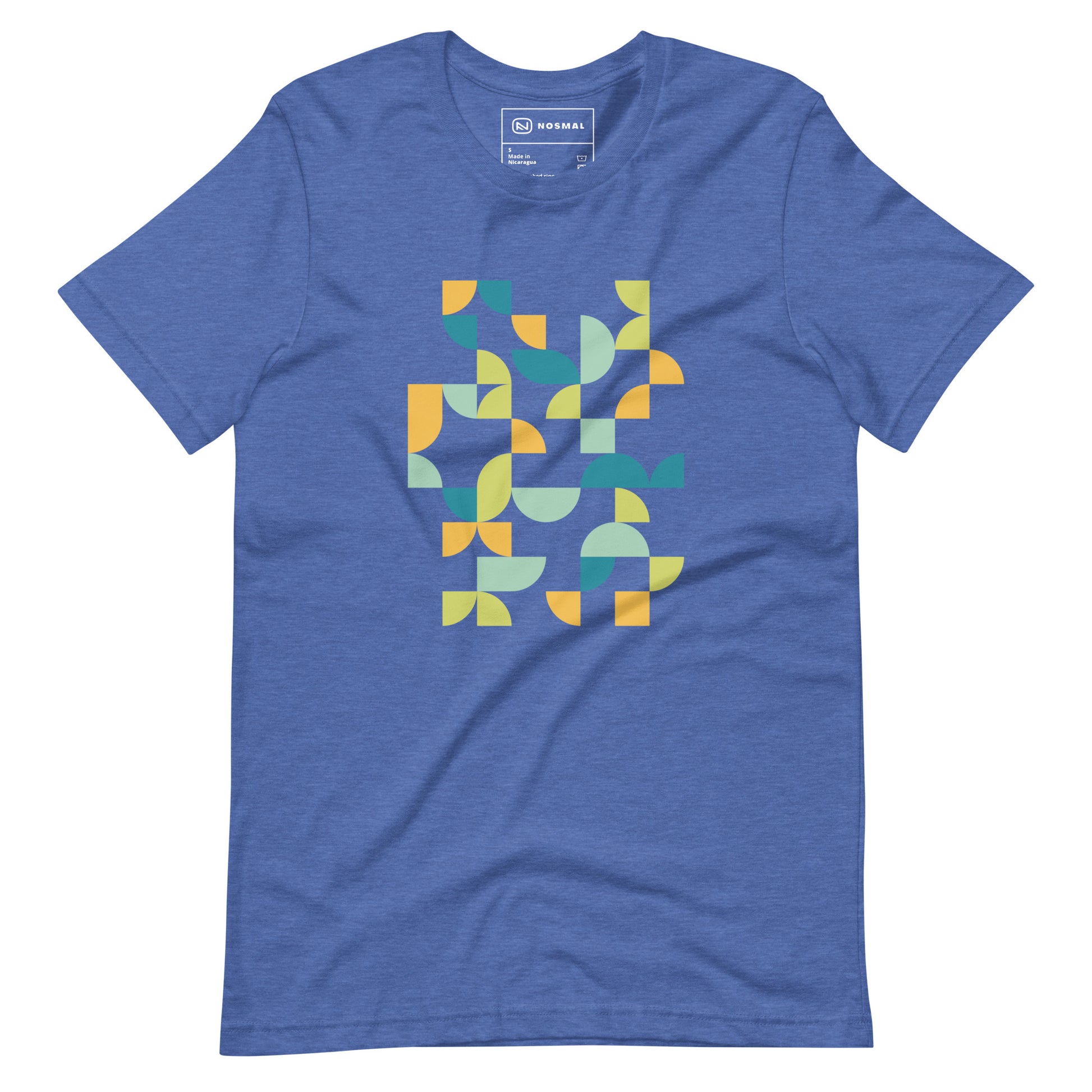 Straight on view of geometria I midday design on heather true royal unisex t-shirt.