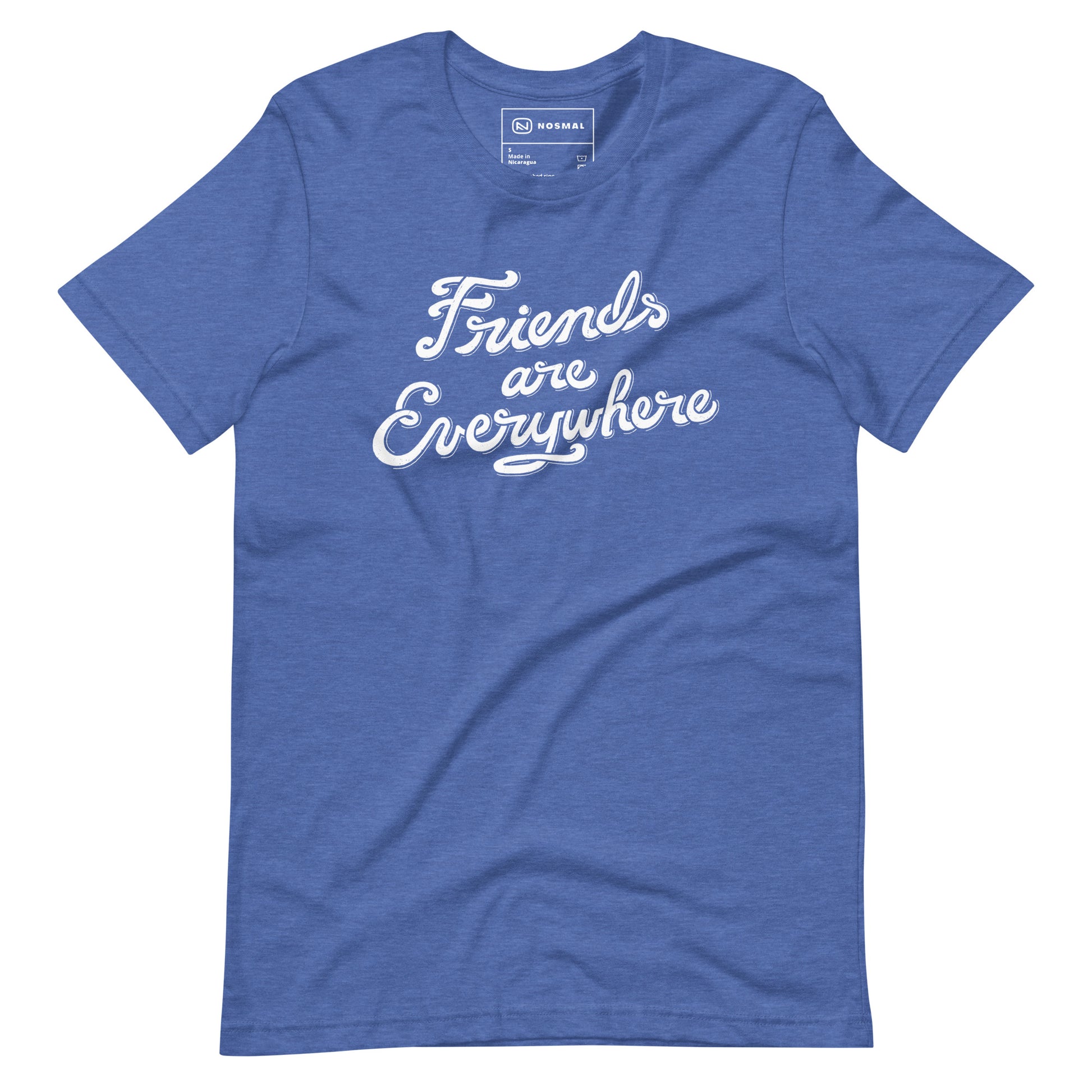 Straight on view of friends are everywhere design on heather true royal unisex t-shirt.