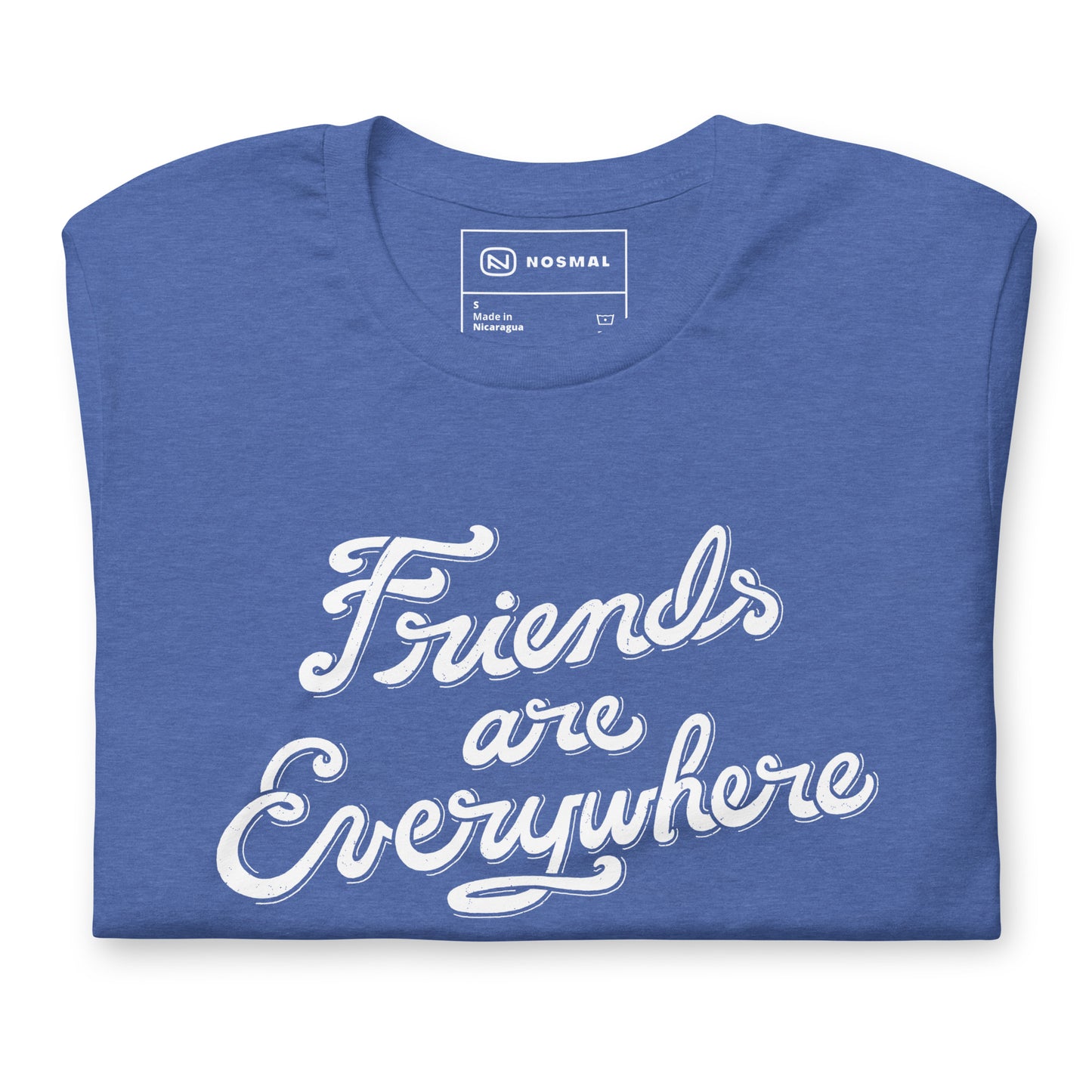 Top down view of friends are everywhere design on heather true royal unisex t-shirt.