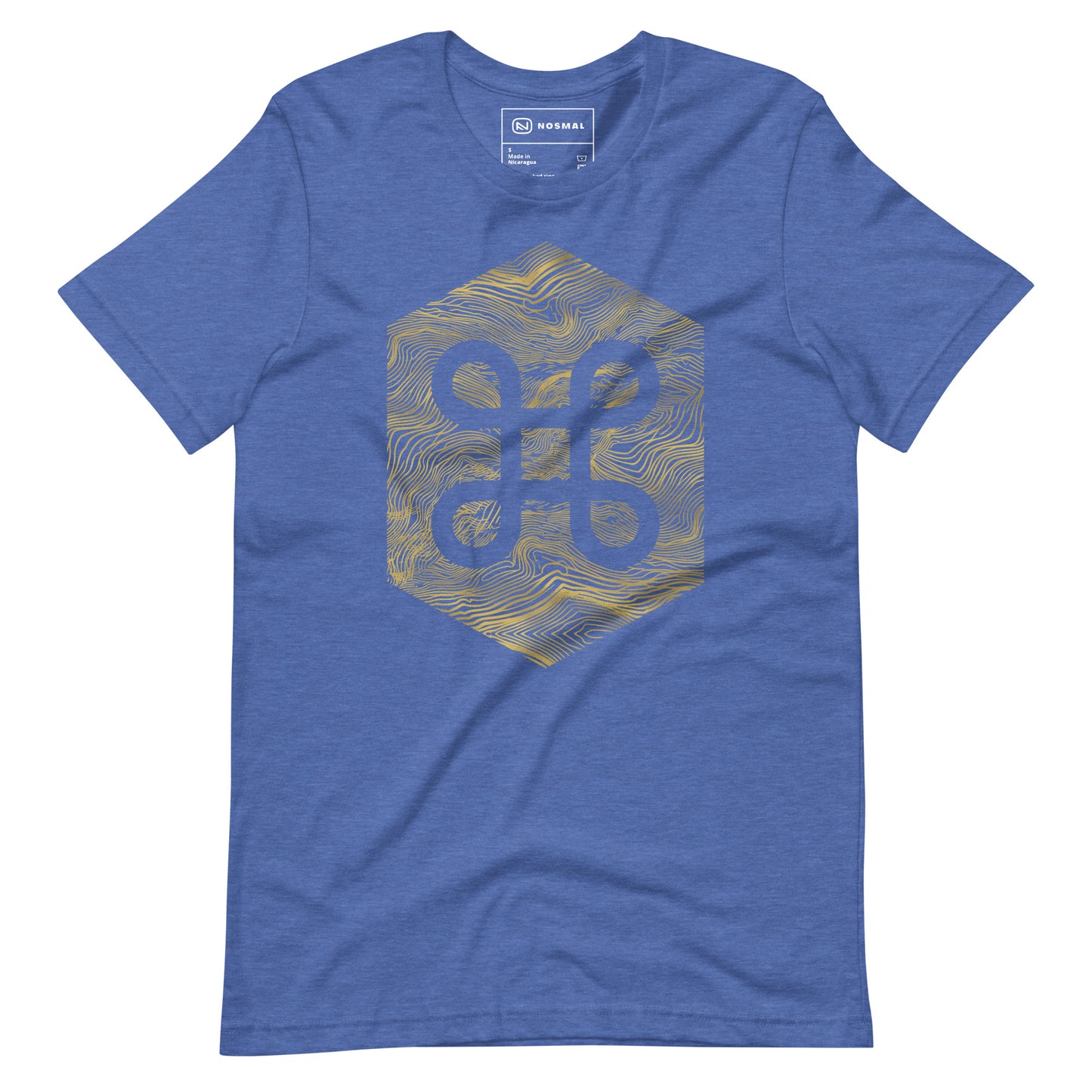 Straight on view of the commander gold design on heather true royal unisex t-shirt.