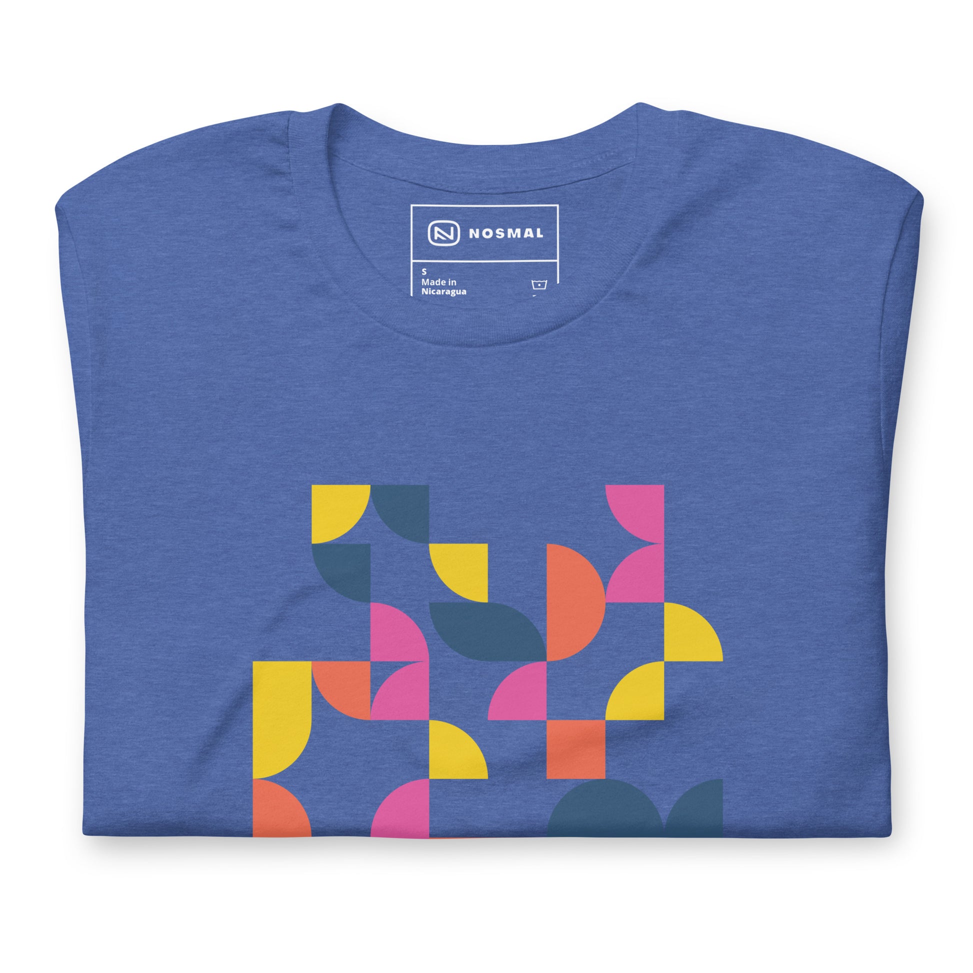 Top down view of geometria I sunrise design on heather true royal unisex t-shirt.