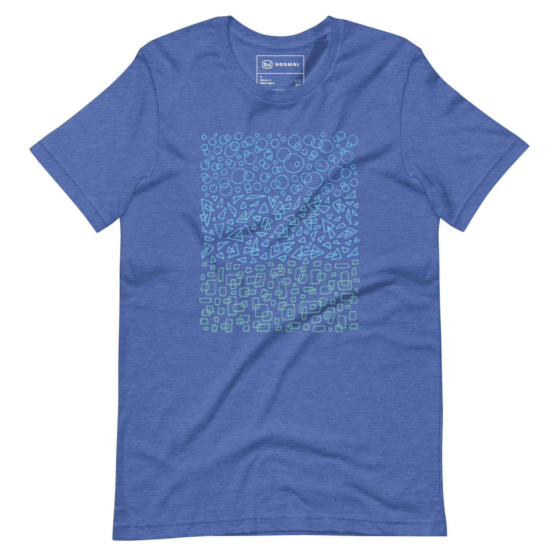 Straight on view of geometrinity azure design on heather true royal unisex t-shirt.