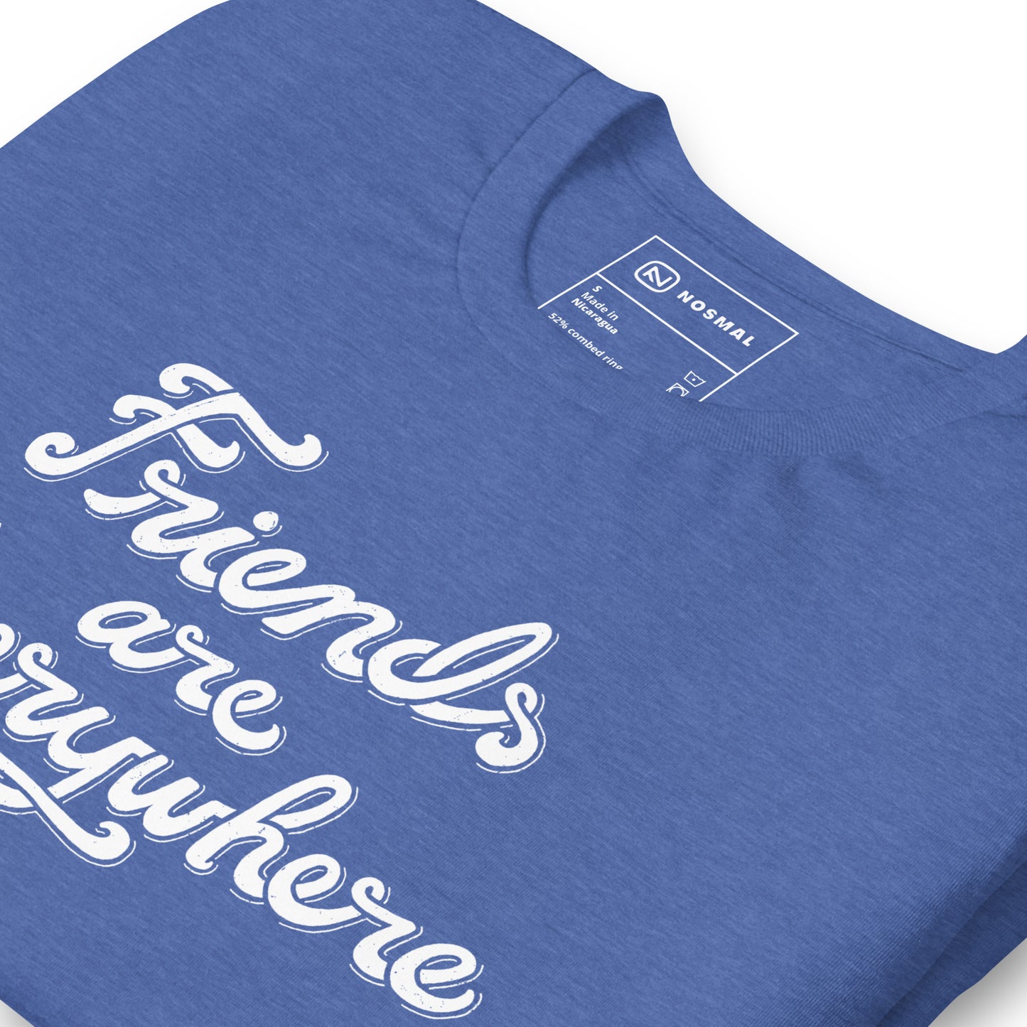Angled close up shot of friends are everywhere design on heather true royal unisex t-shirt.