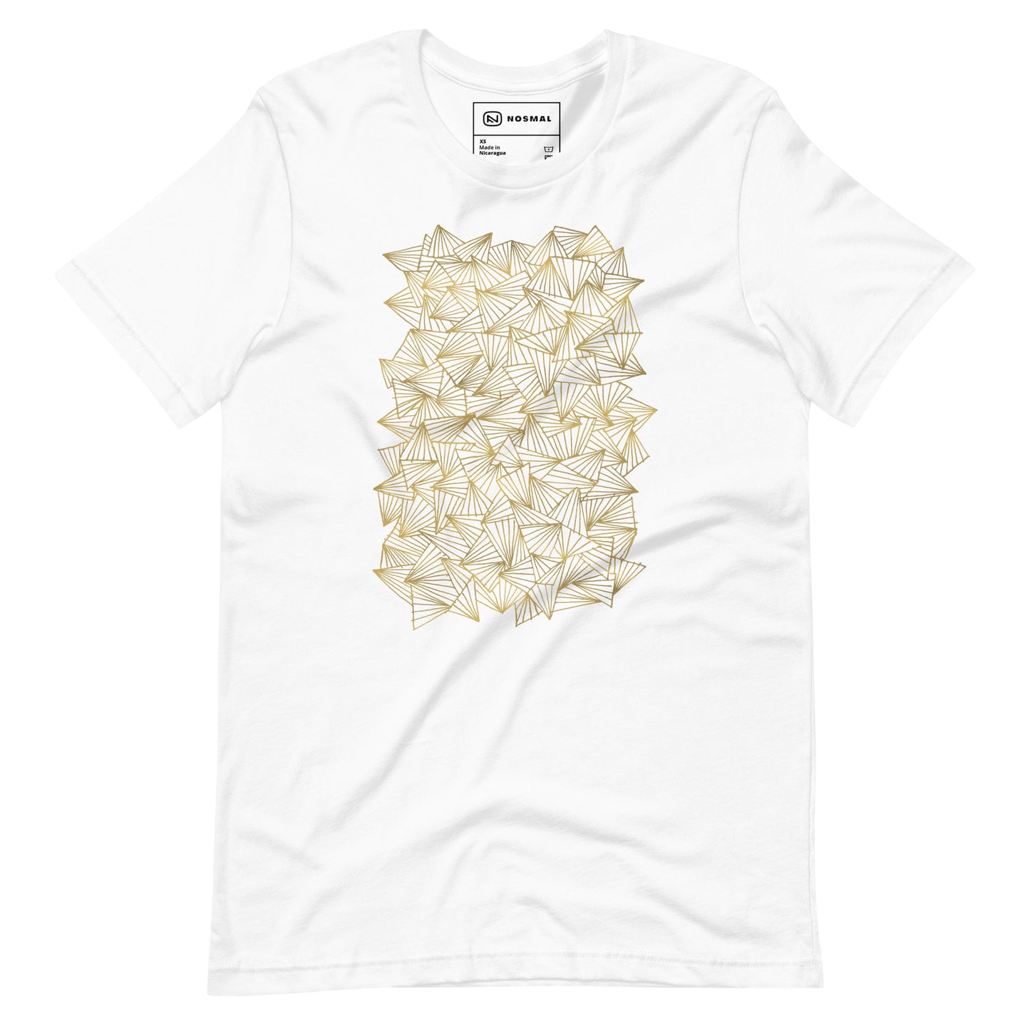 Straight on view of gaggle of triangles gold design on white unisex t-shirt.