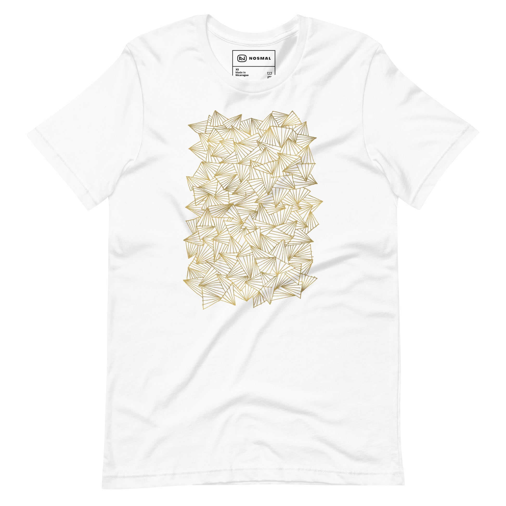 Straight on view of gaggle of triangles gold design on white unisex t-shirt.