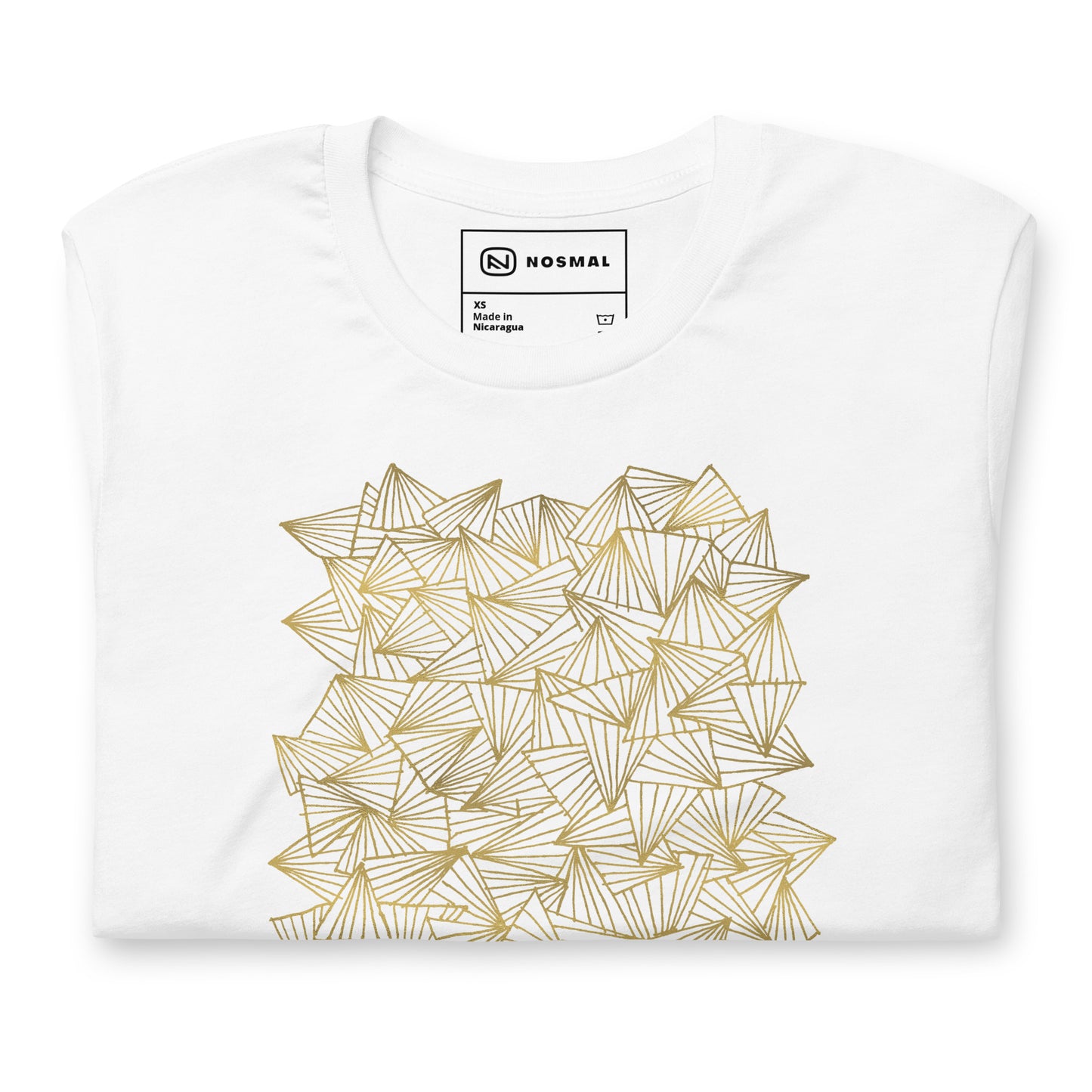 Top down view of gaggle of triangles gold design on white unisex t-shirt.