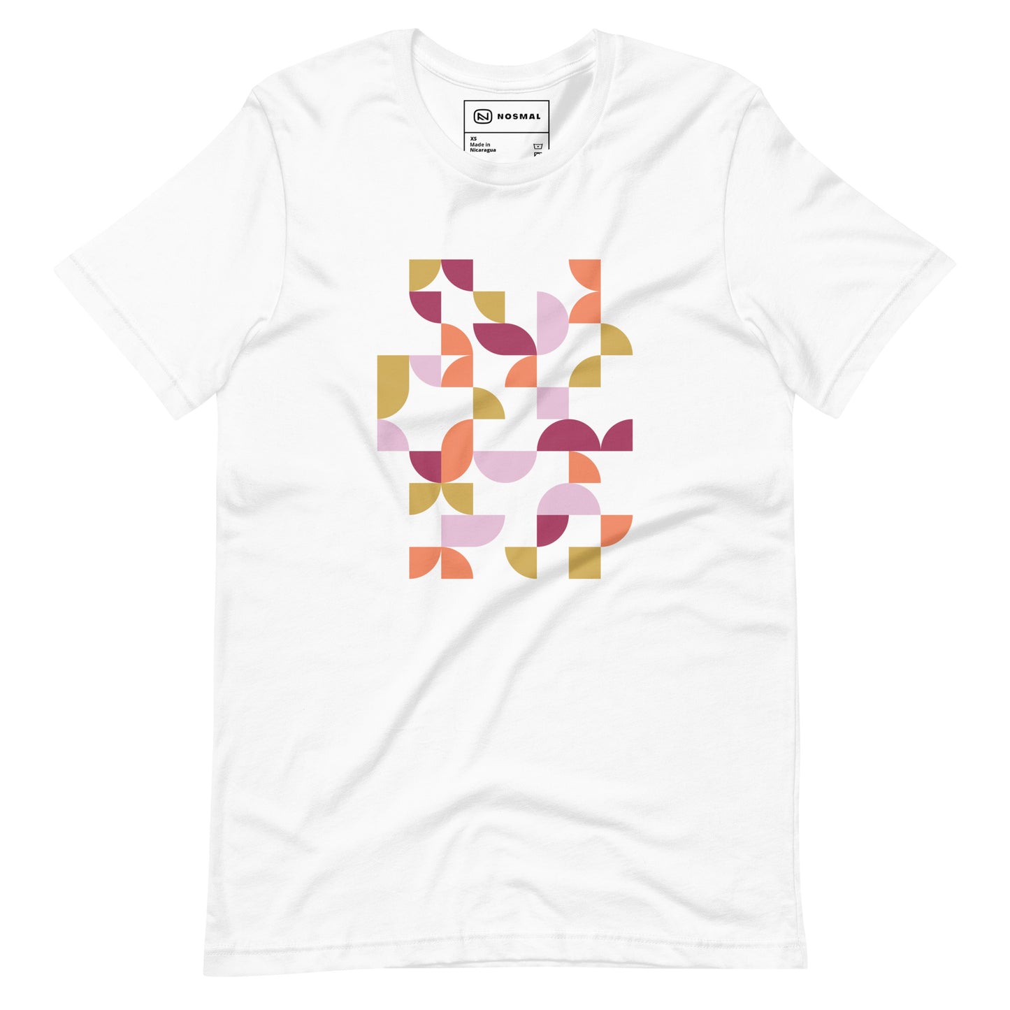 Straight on view of geometria I sunset design on white unisex t-shirt.
