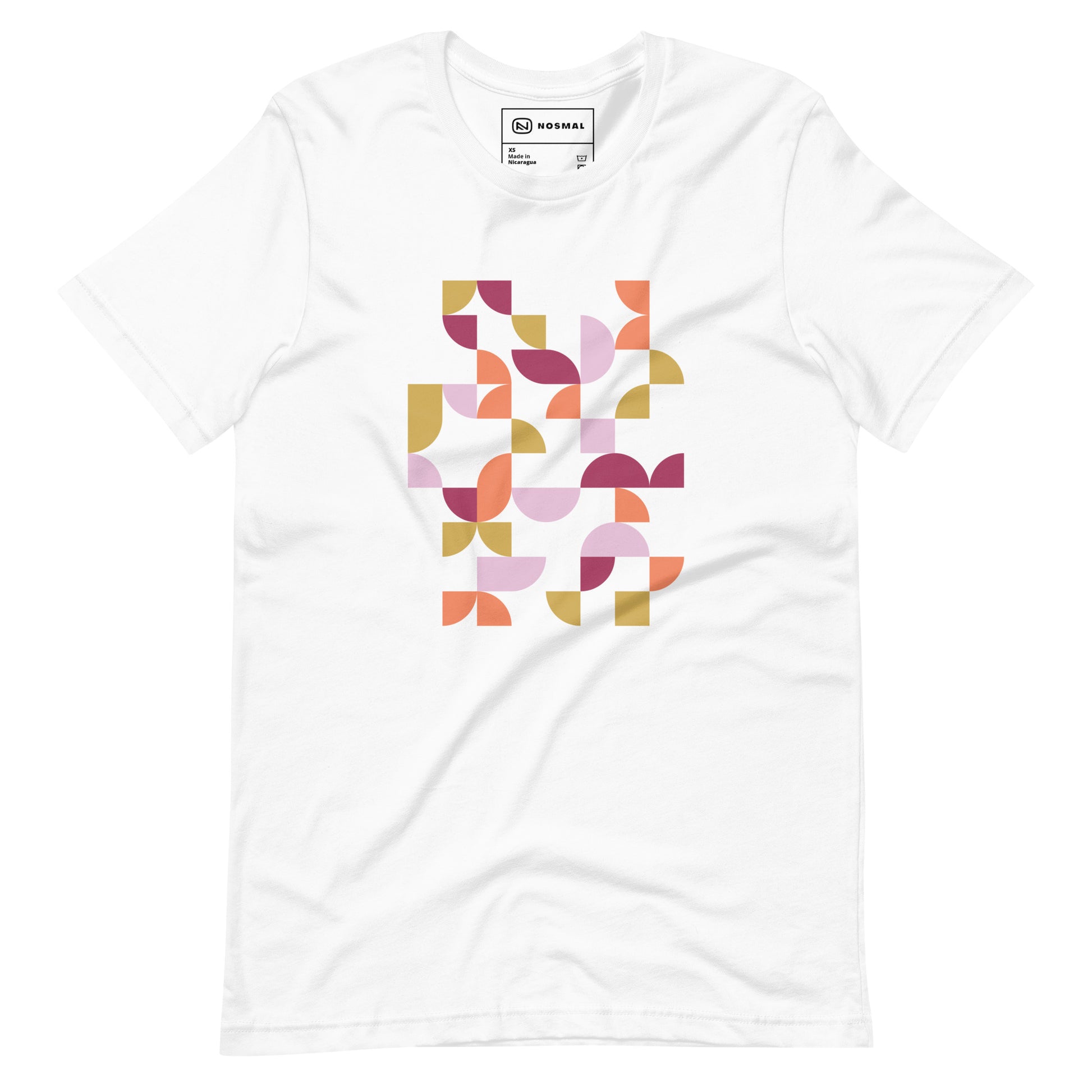 Straight on view of geometria I sunset design on white unisex t-shirt.