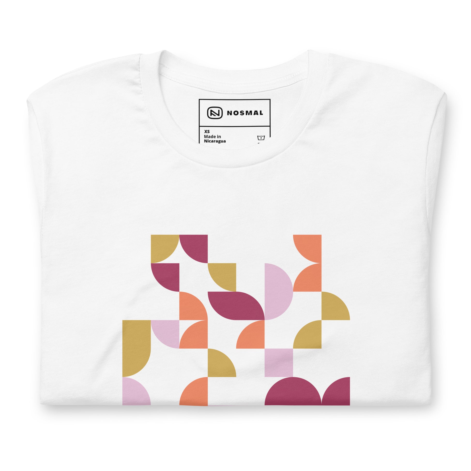 Top down view of geometria I sunset design on white unisex t-shirt.