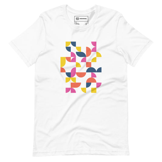 Straight on view of geometria I sunrise design on white unisex t-shirt.