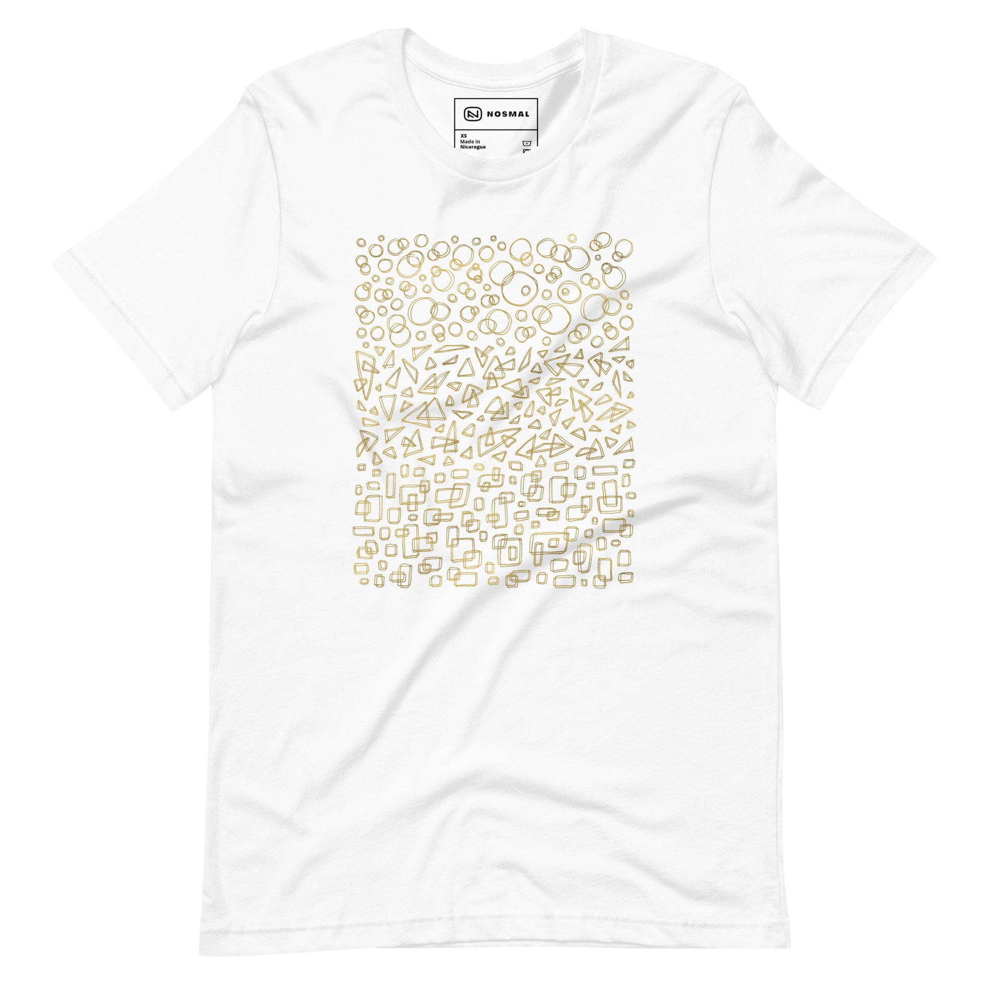 Straight on view of geometrinity gold design on white unisex t-shirt.