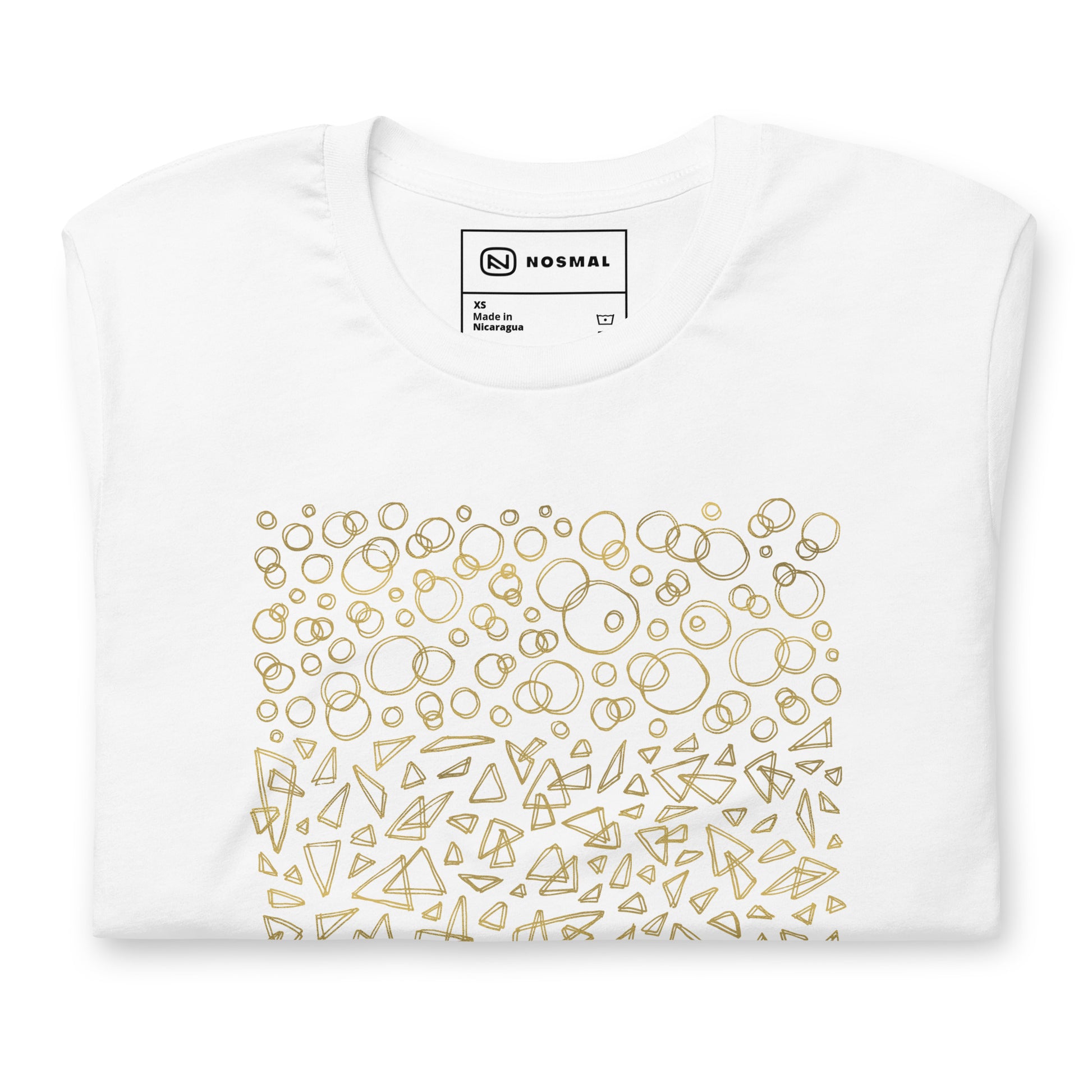 Top down view of geometrinity gold design on whiteunisex t-shirt.