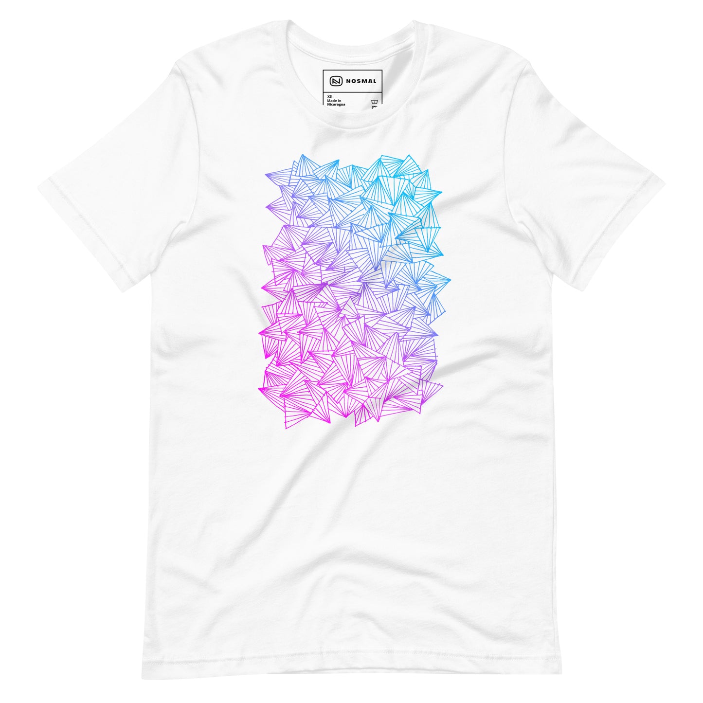 Straight on view of gaggle of triangles gradient design on white unisex t-shirt.