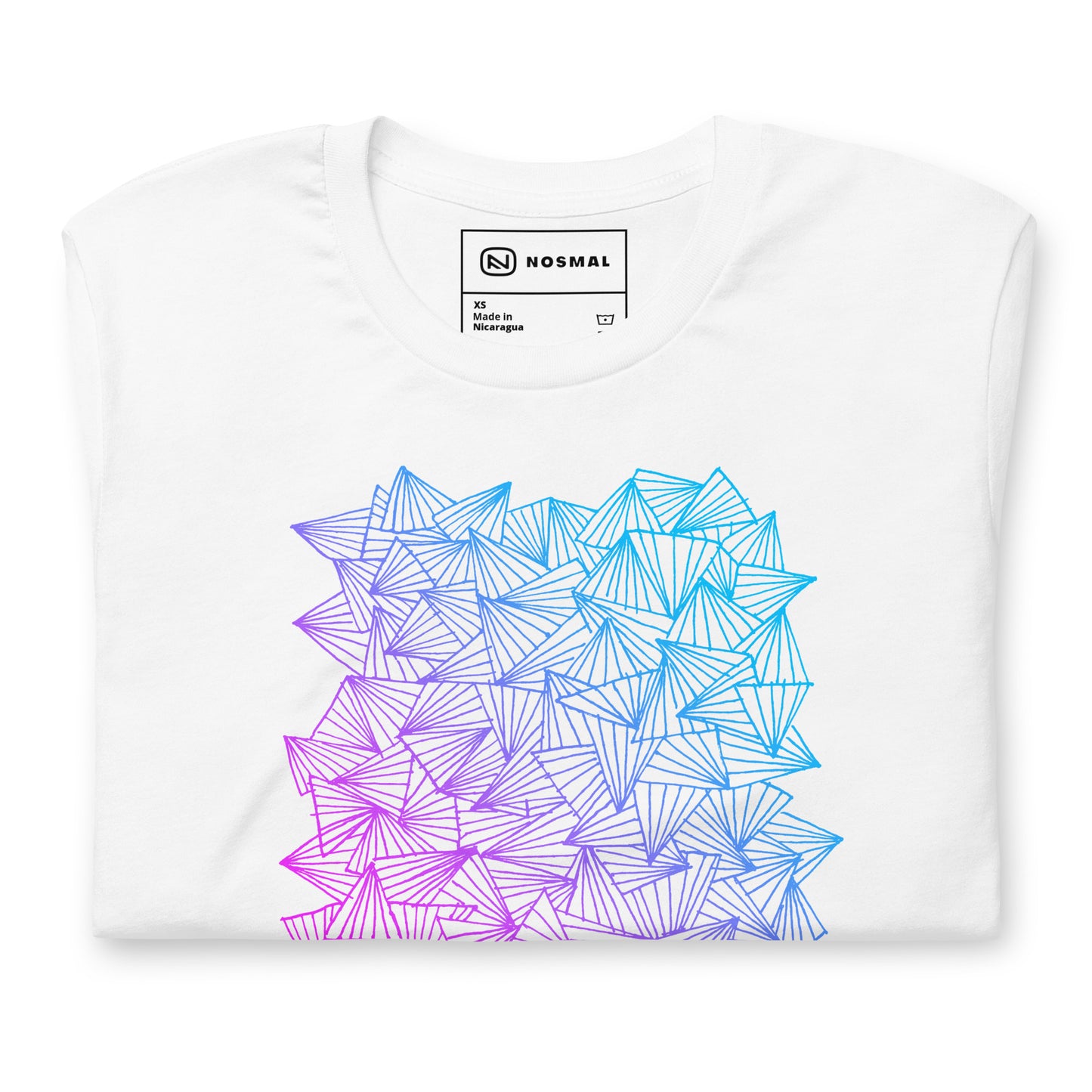 Top down view of gaggle of triangles gradient design on white unisex t-shirt.