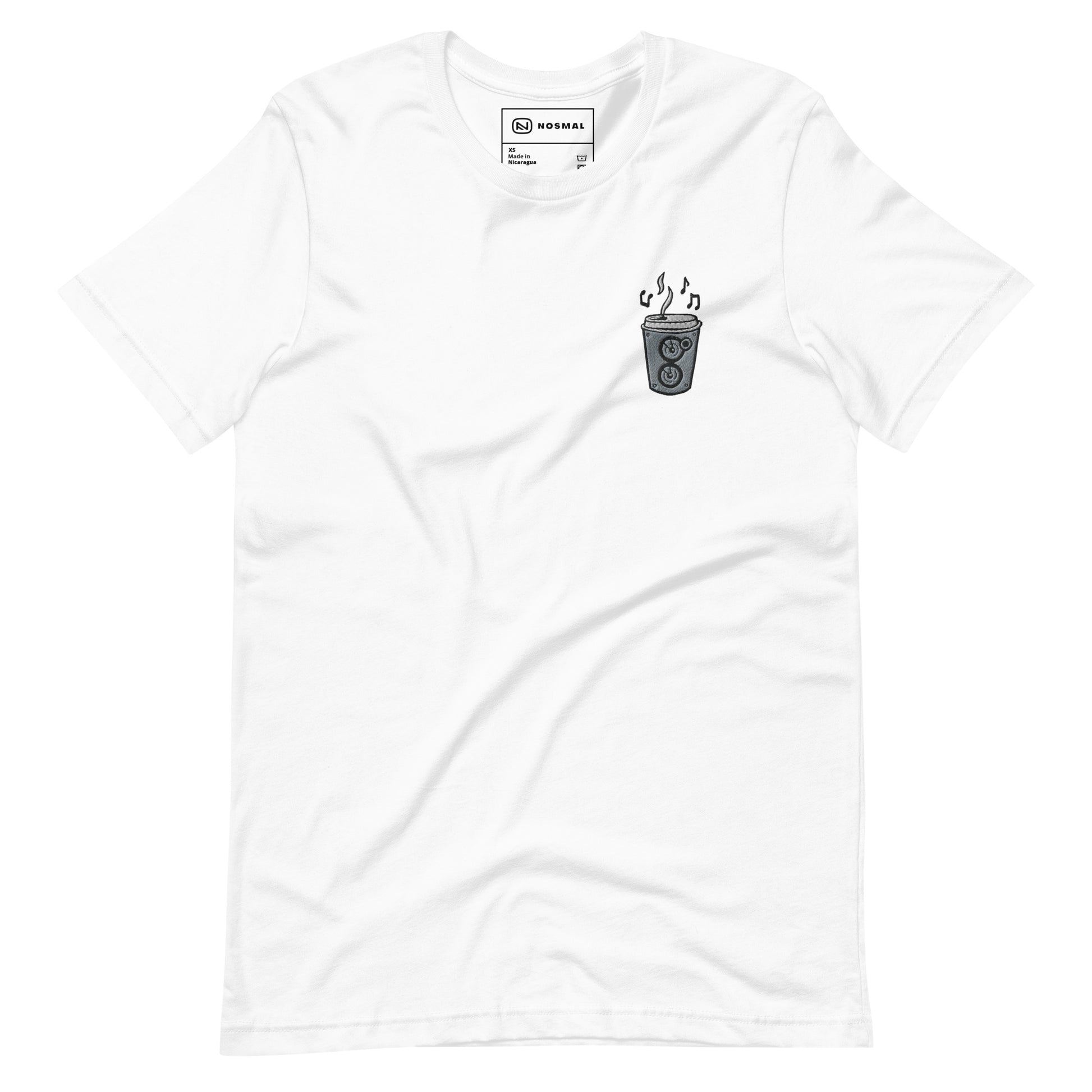 Straight on view of the coffee is my jam embroidered design on white unisex t-shirt.