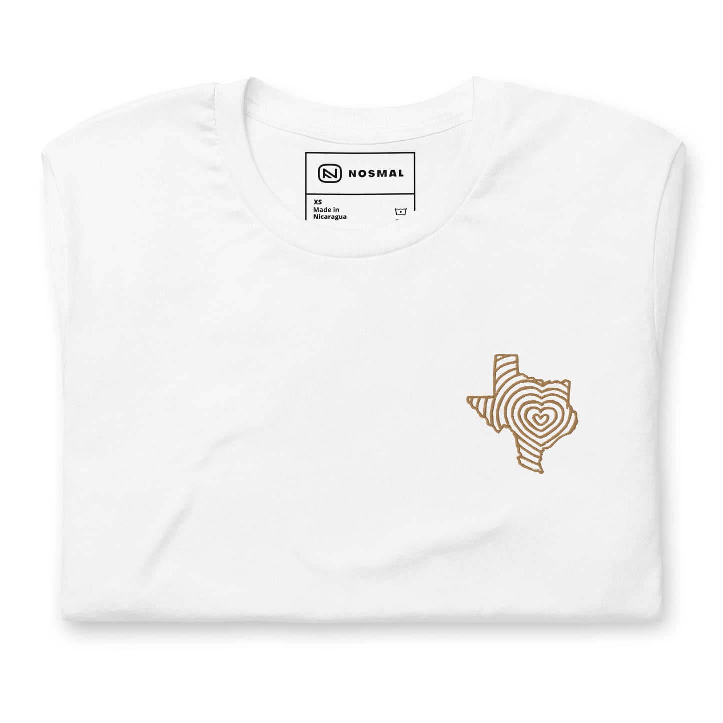 Top down view of heartbeat of texas gold embroidered design on white unisex t-shirt.
