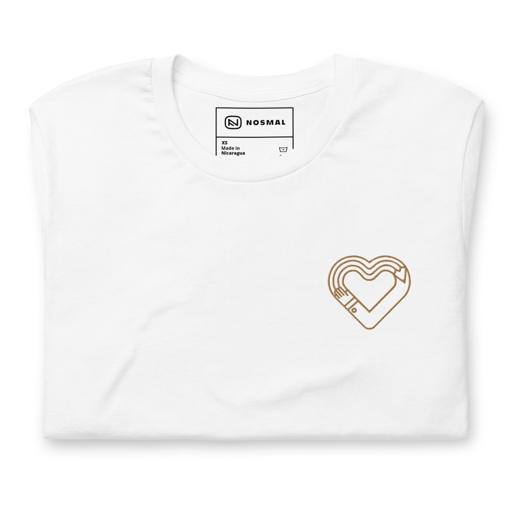 Top down view of maker's heart II gold embroidered design on white unisex t-shirt.