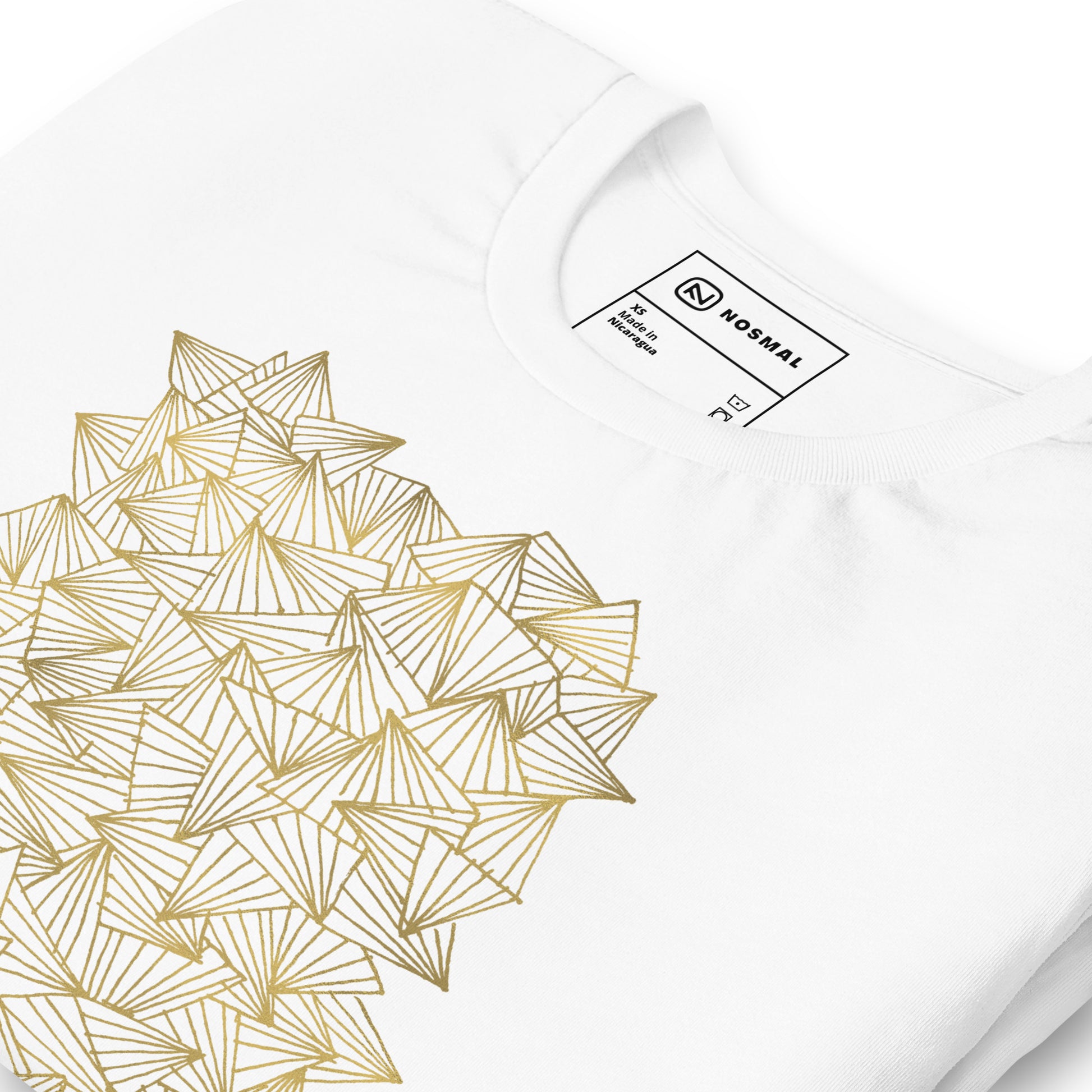 Angled close up shot of gaggle of triangles gold design on white unisex t-shirt.