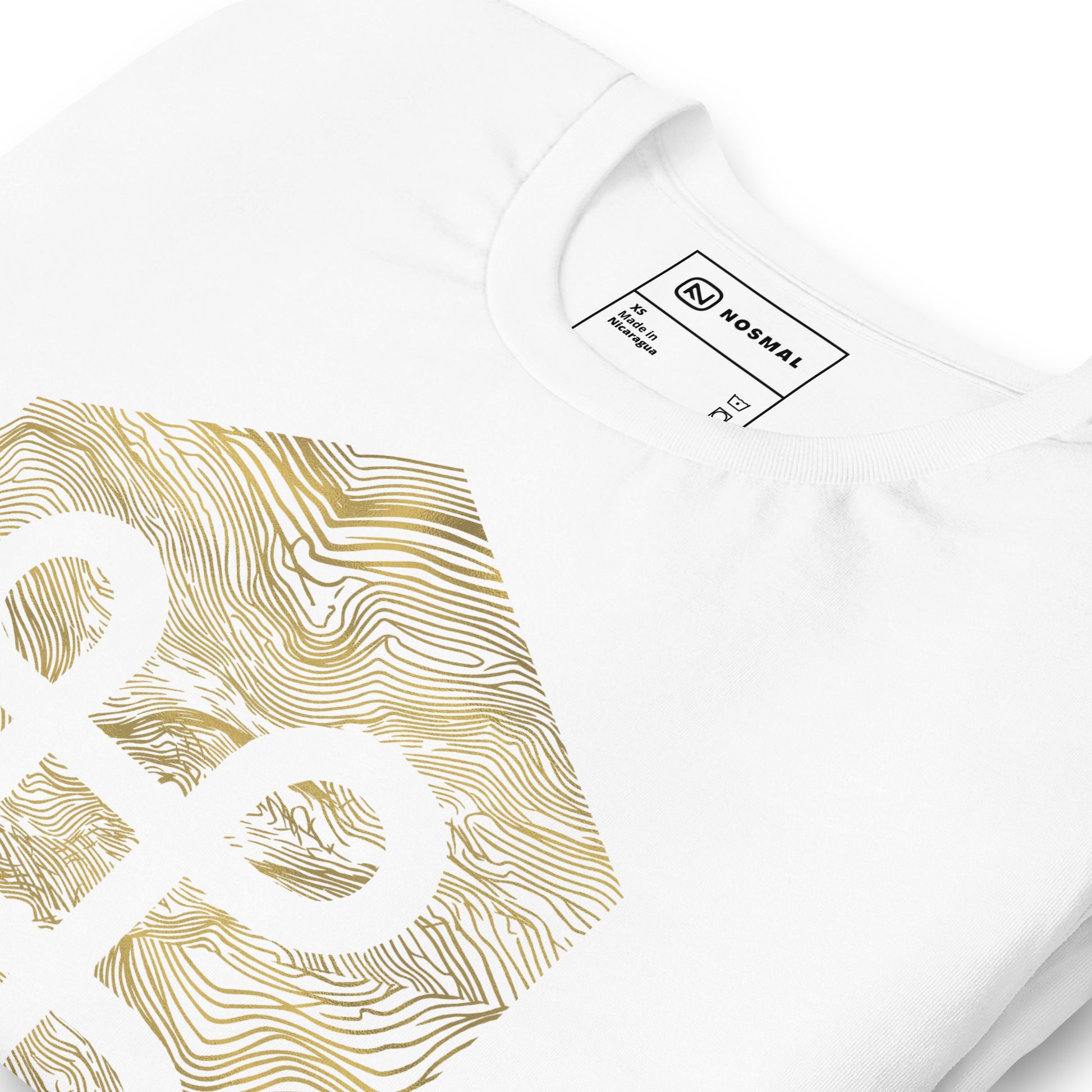 Angled close up shot of the commander gold design on white unisex t-shirt.