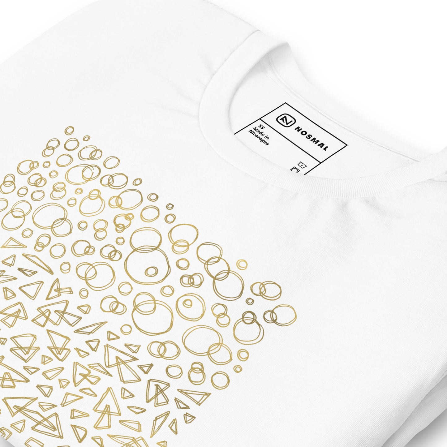 Angled close up shot of geometrinity gold design on whiteunisex t-shirt.