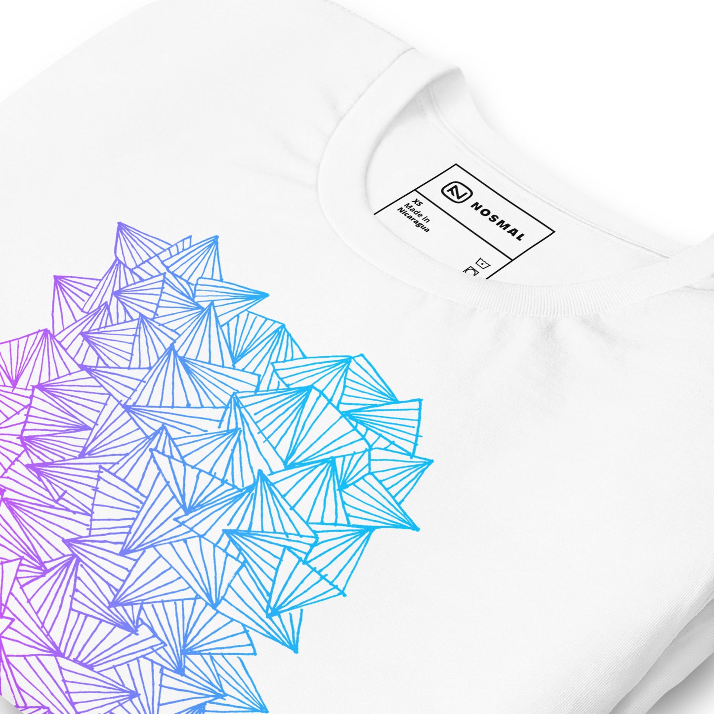 Angled close up shot of gaggle of triangles gradient design on white unisex t-shirt.